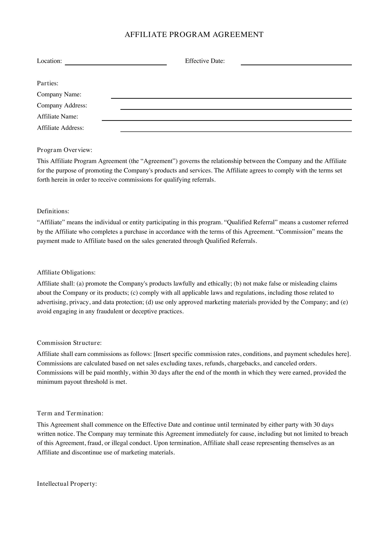 Affiliate Program Contract Template - US