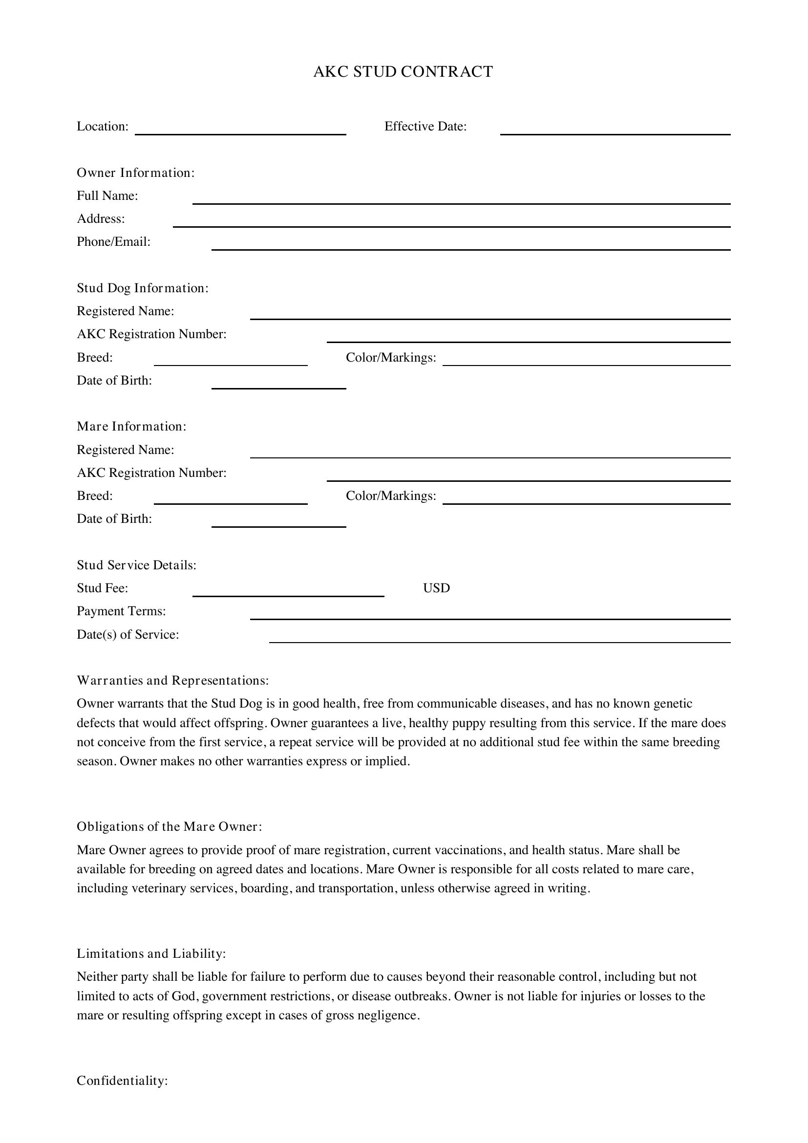 Akc Stud Contract Template - US