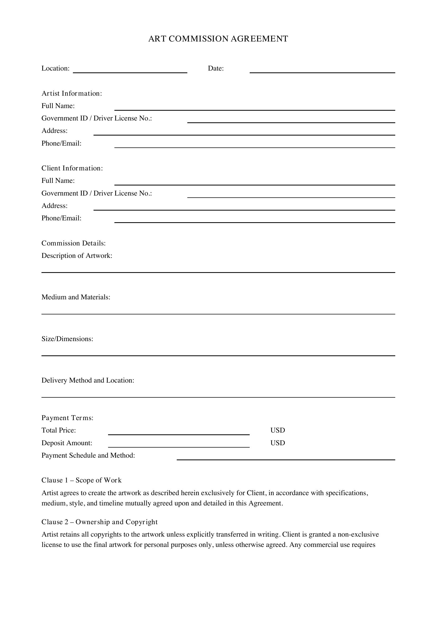 Art Commission Contract Template - US