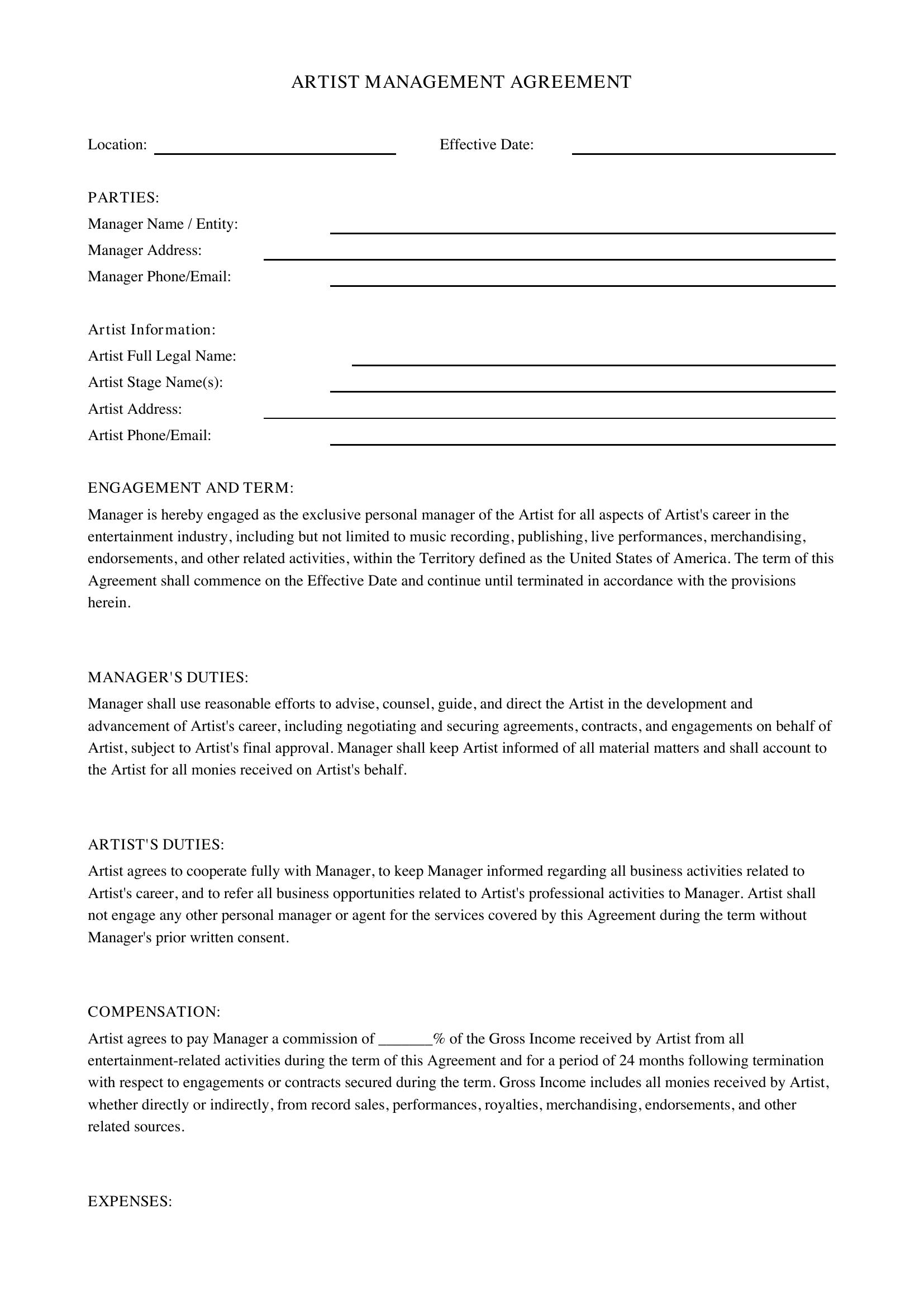 Artist Management Contract Template - US