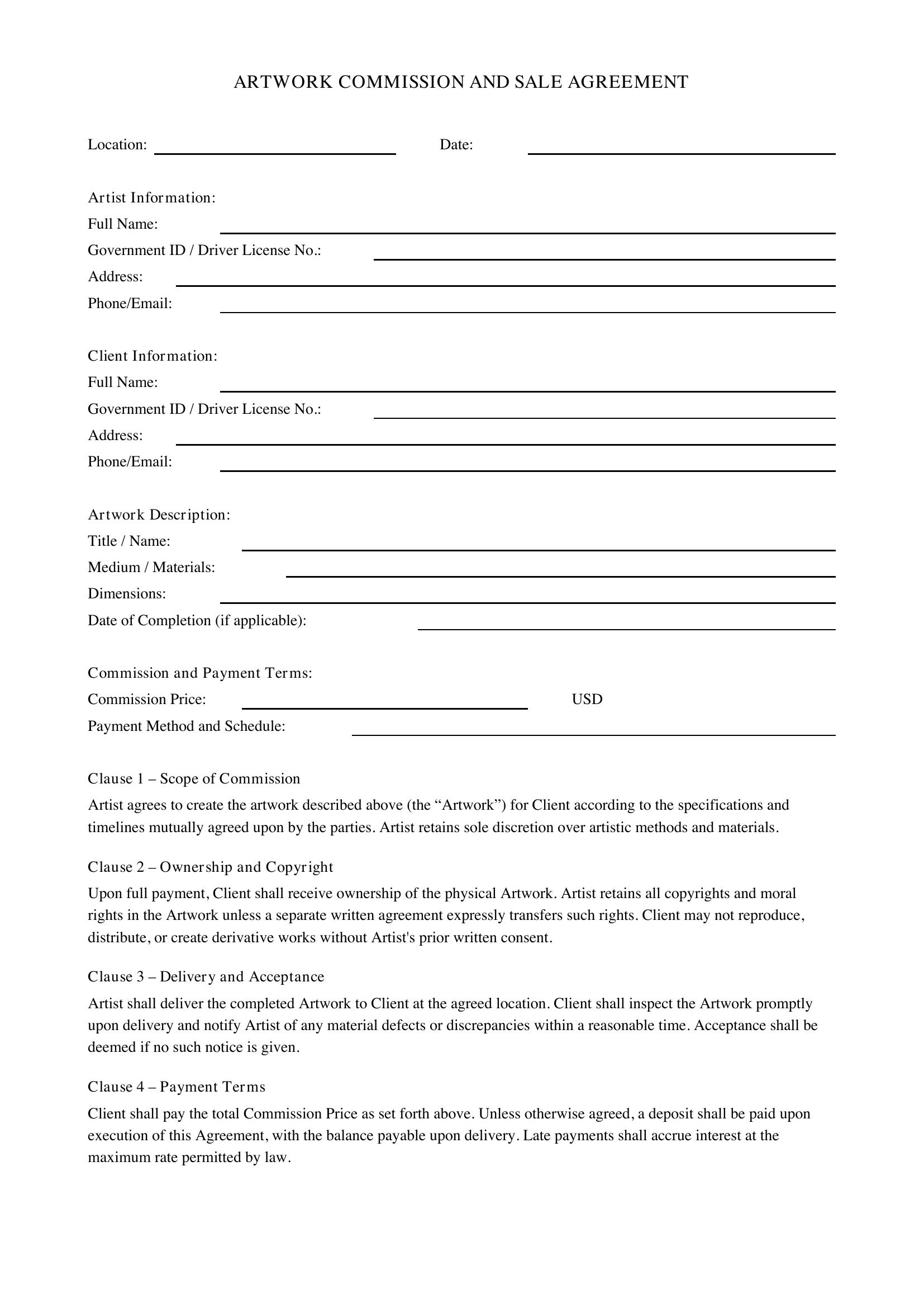 Artwork Art Contract Template - US