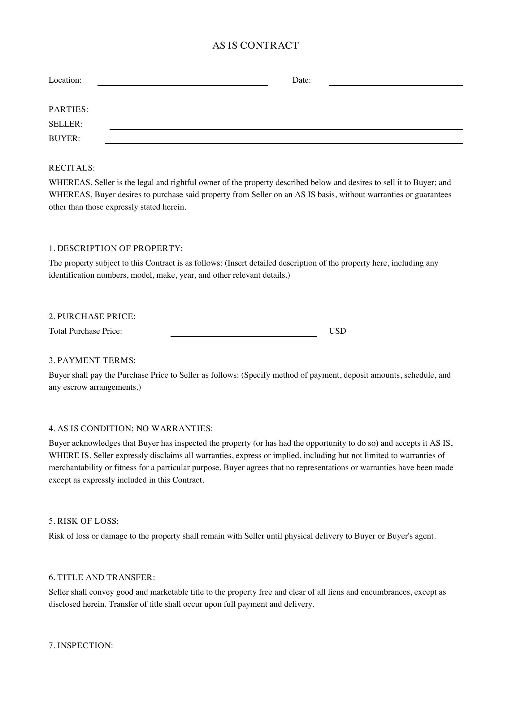 As Is Contract Template - US