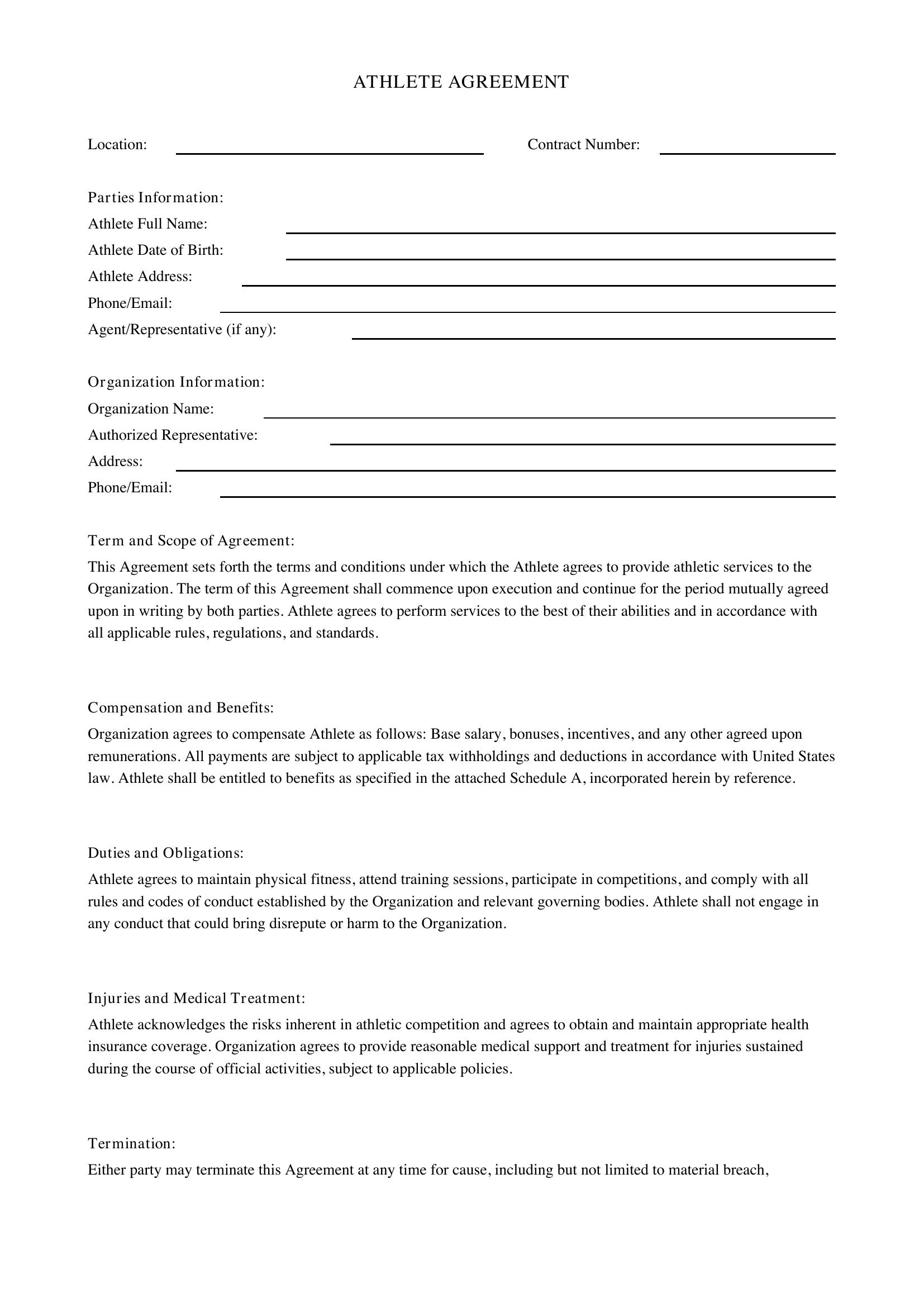 Athlete Contract Template - US