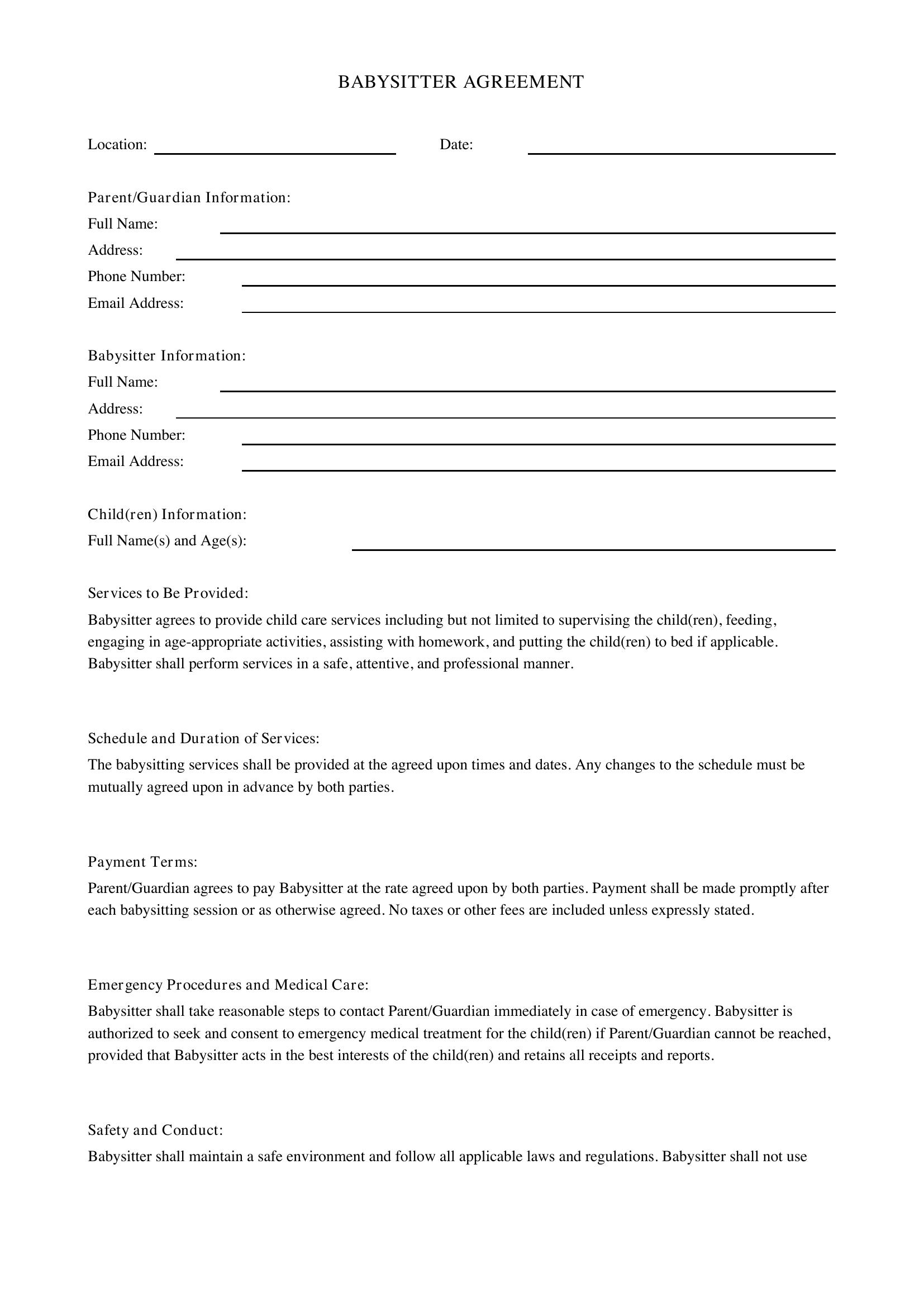 Babysitter Contract Template - US