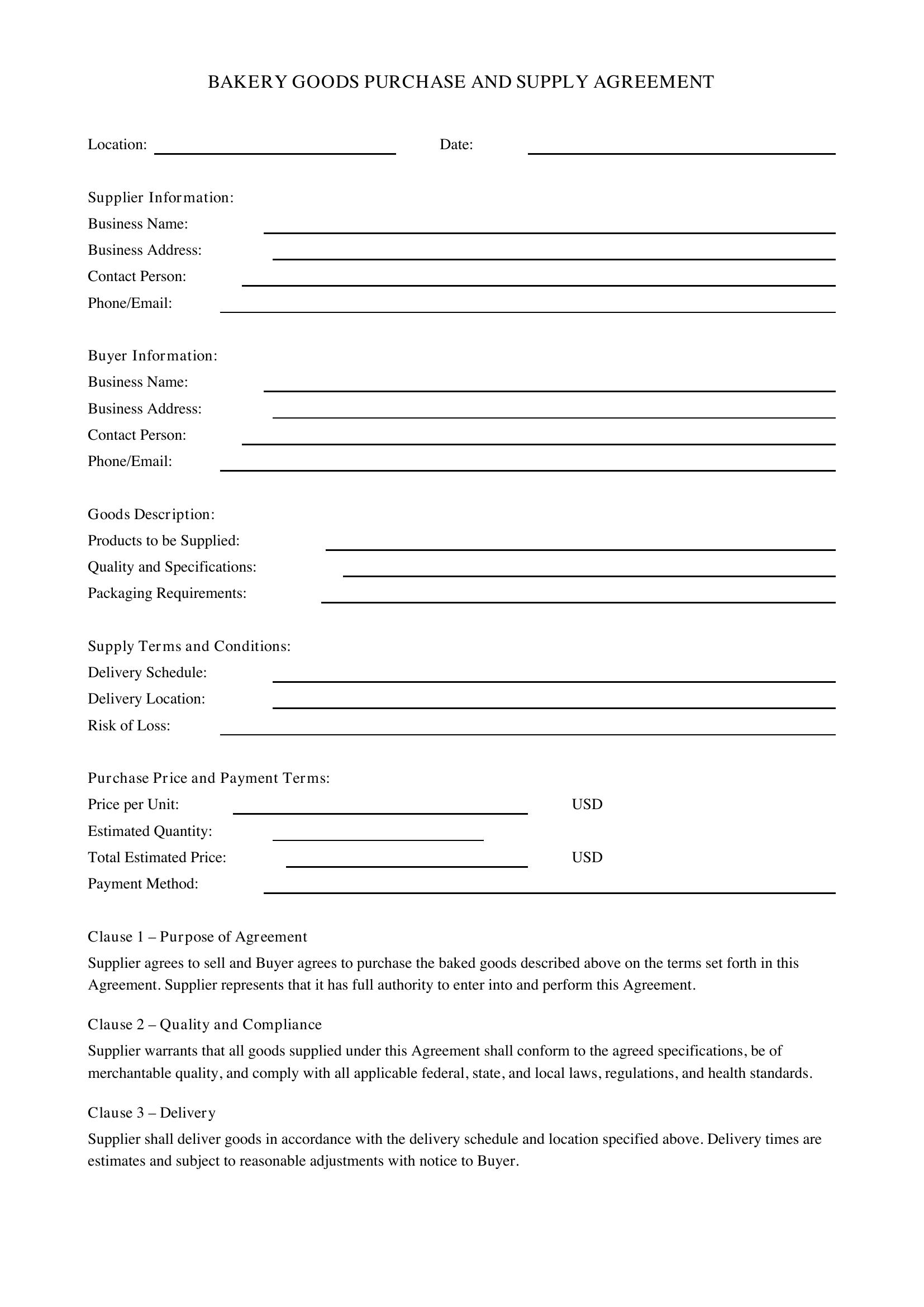 Bakery Contract Template - US