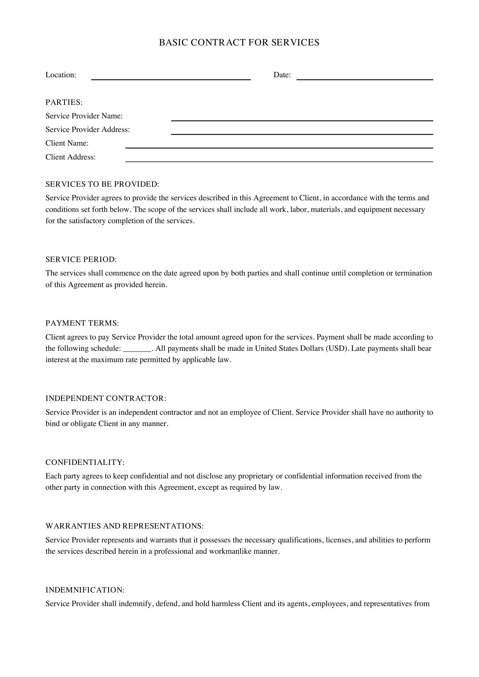 Basic Contract For Services Template - US