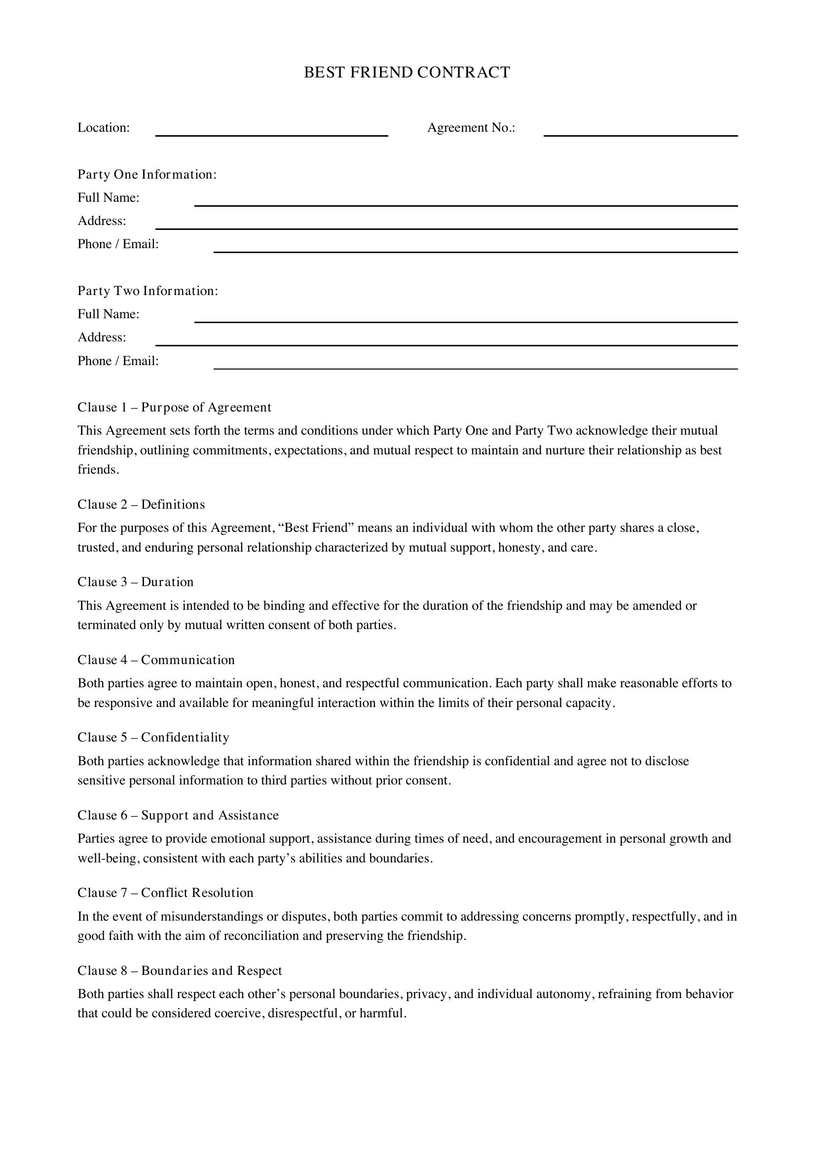 Best Friend Contract Template - US