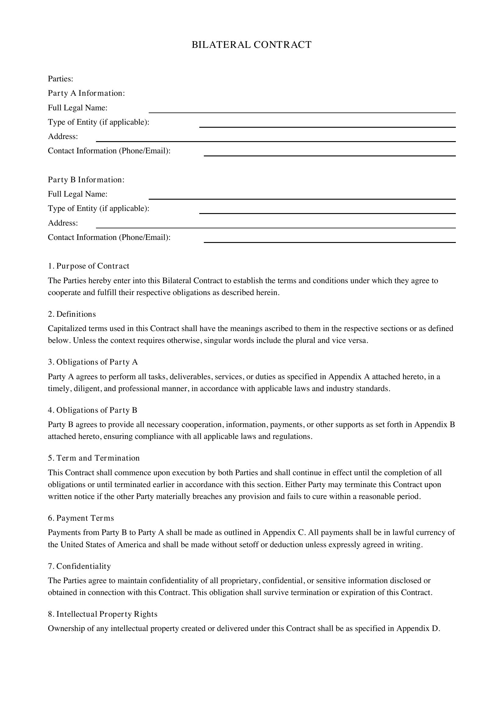Bilateral Contract Template - US