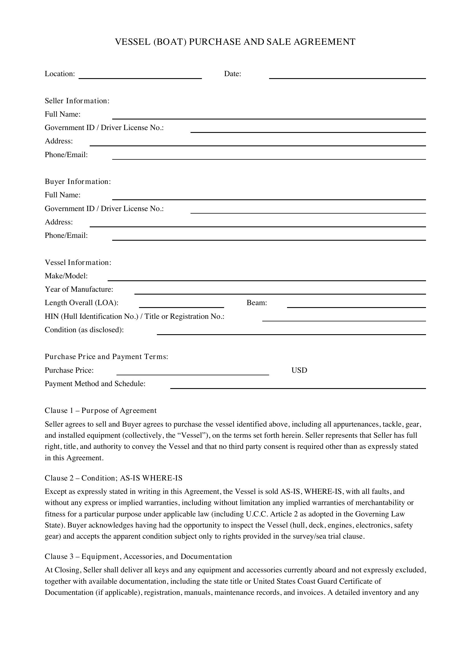 Boat Sale Contract Template - US