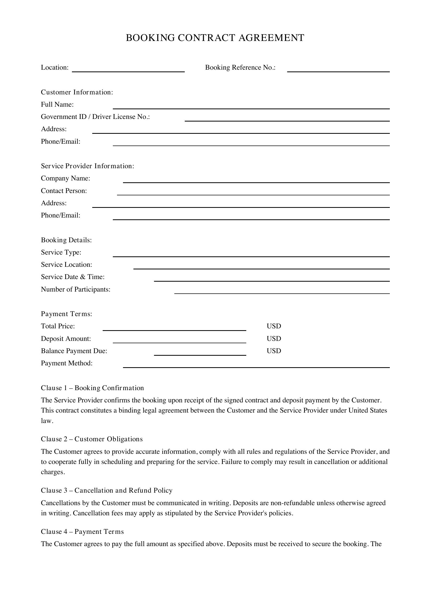 Booking Contract Template - US