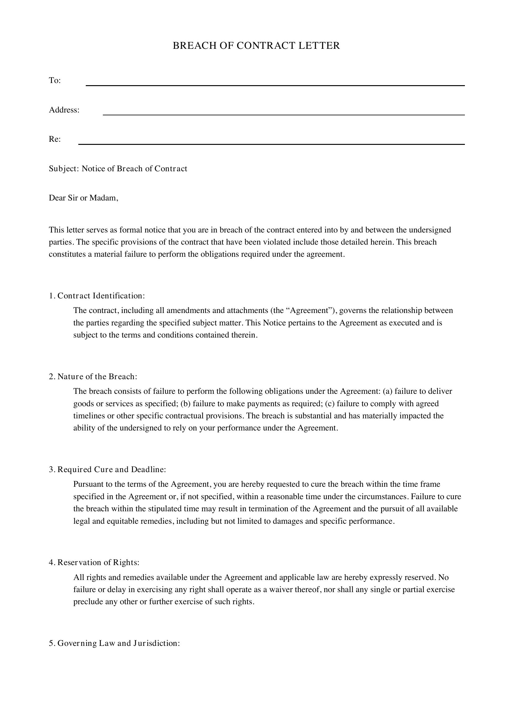 Breach Of Contract Letter Template - US