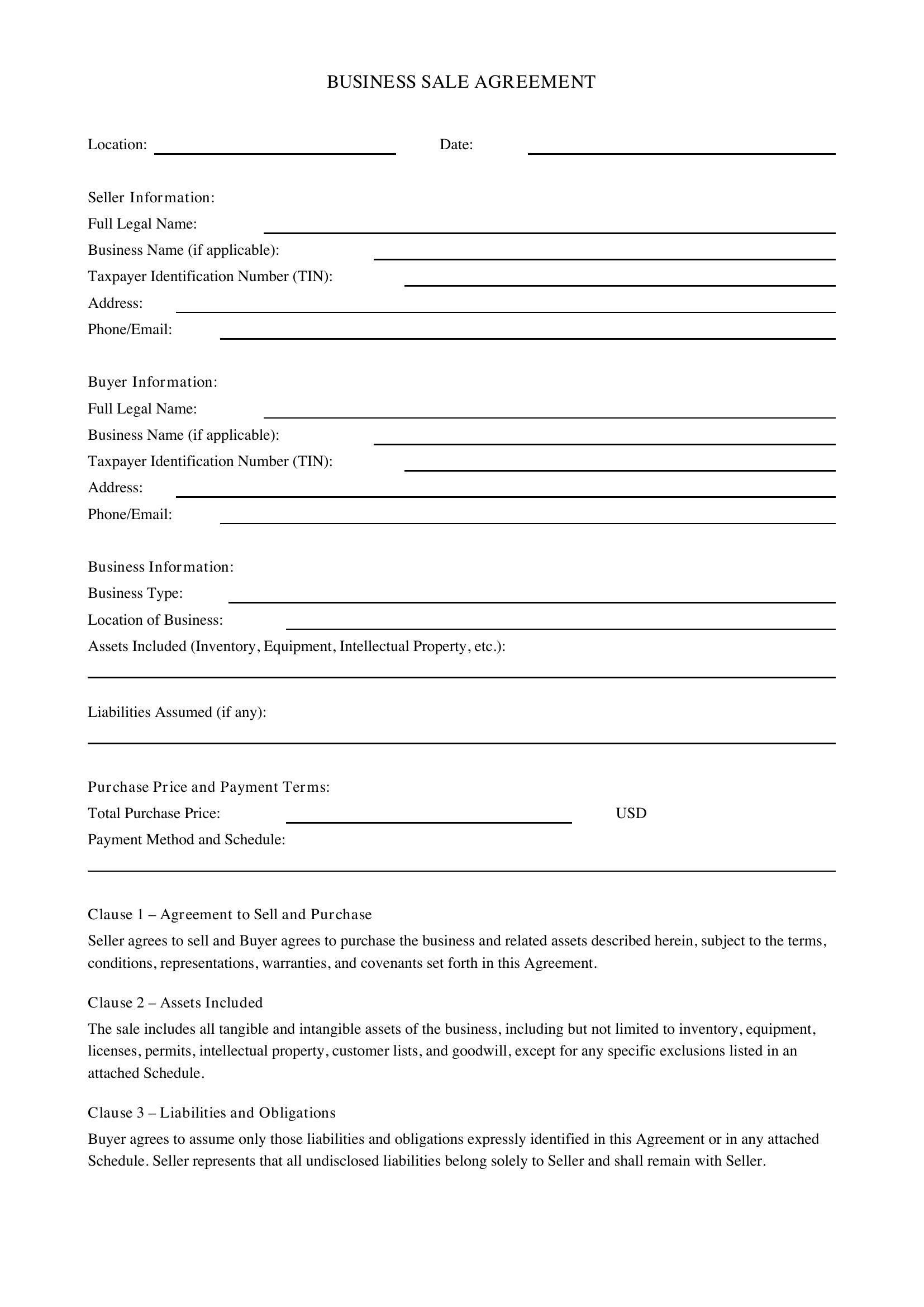 Business Sale Contract Template - US
