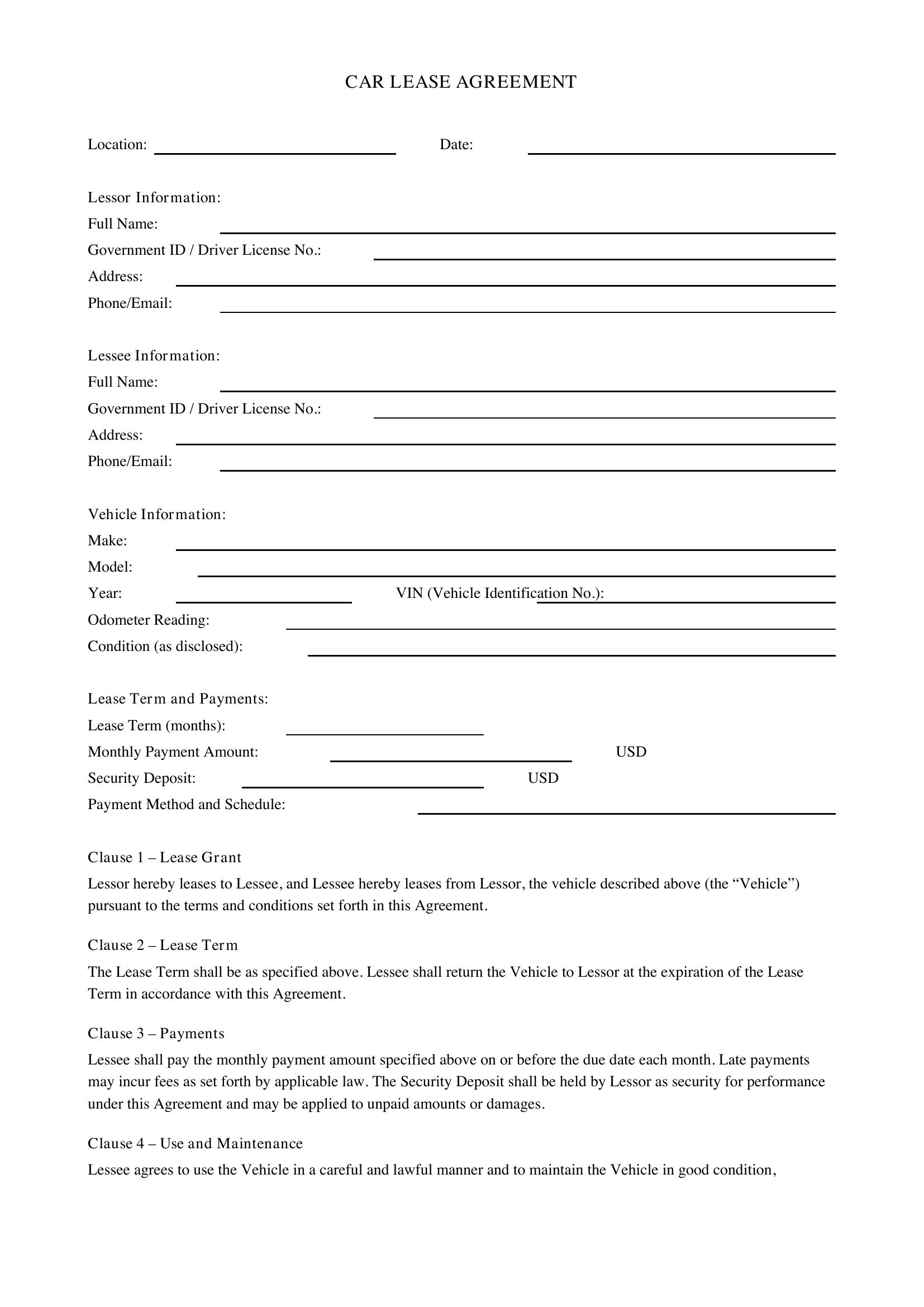 Car Lease Contract Template - US