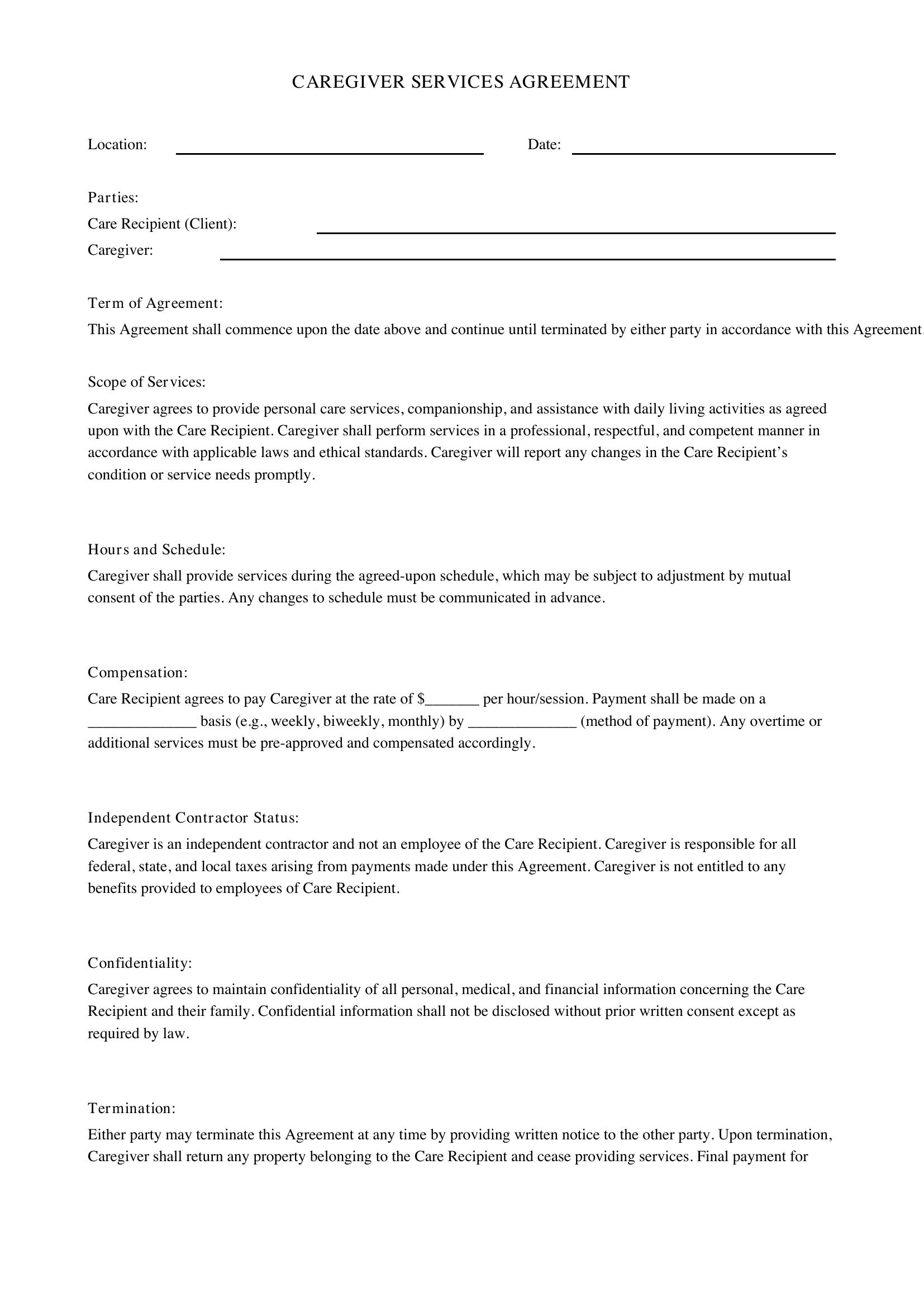 Caregiver Contract Template - US
