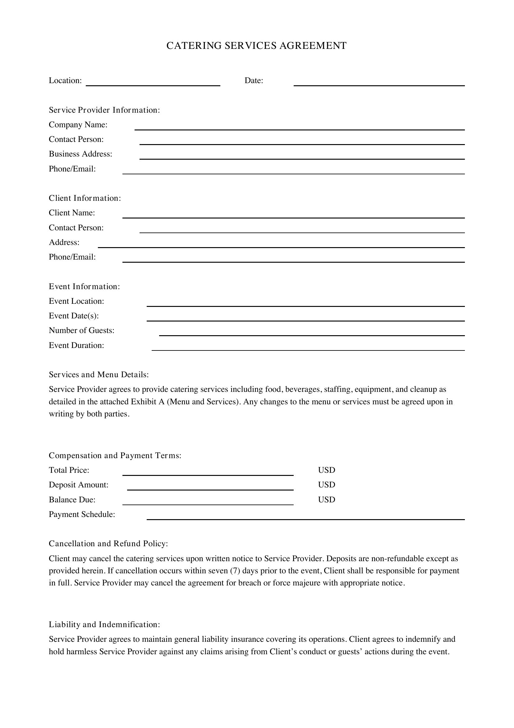 Catering Contract Template - US