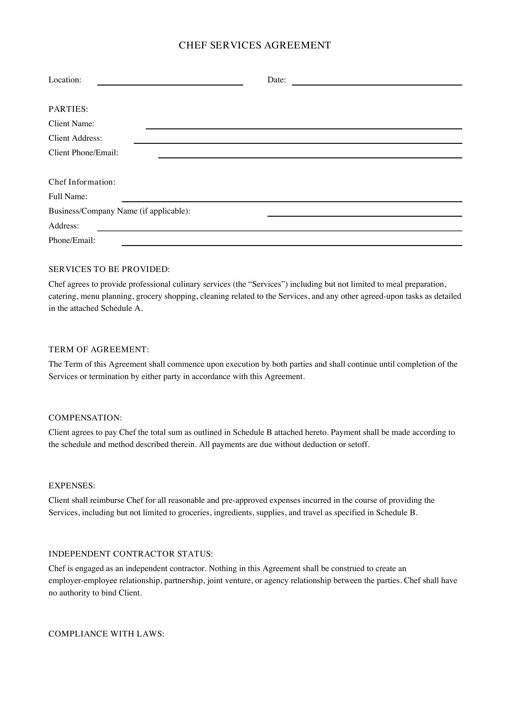 Chef Contract Template - US