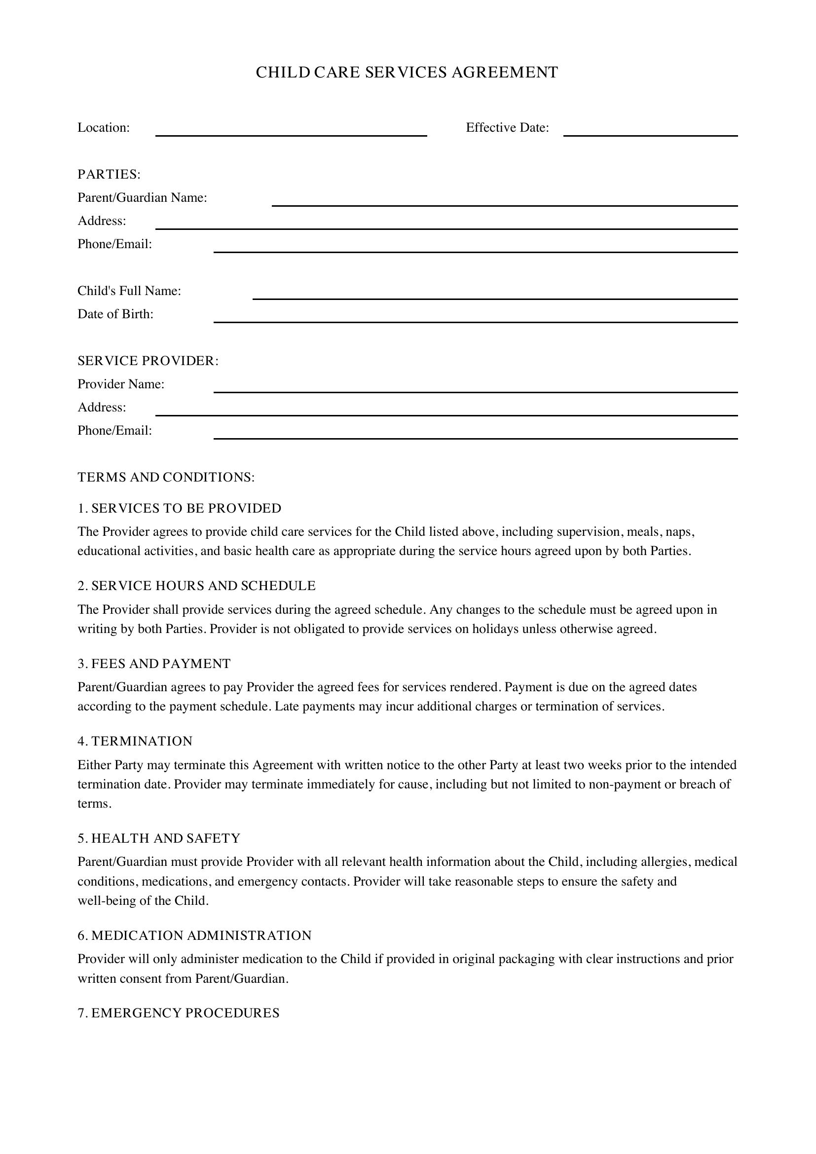Child Care Contract Template - US