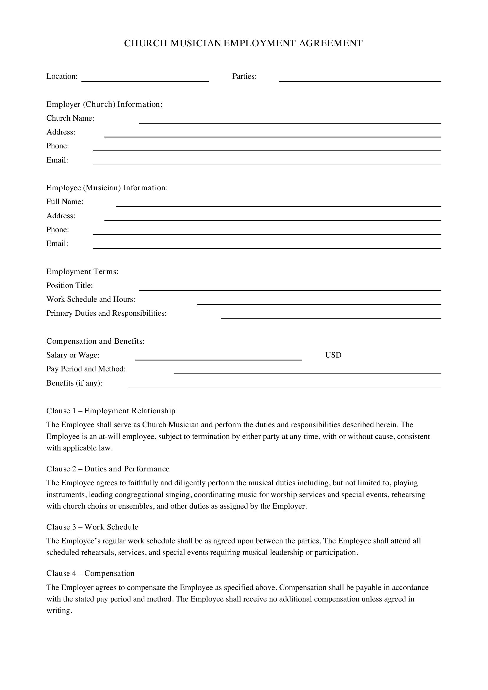 Church Musician Contract Template - US