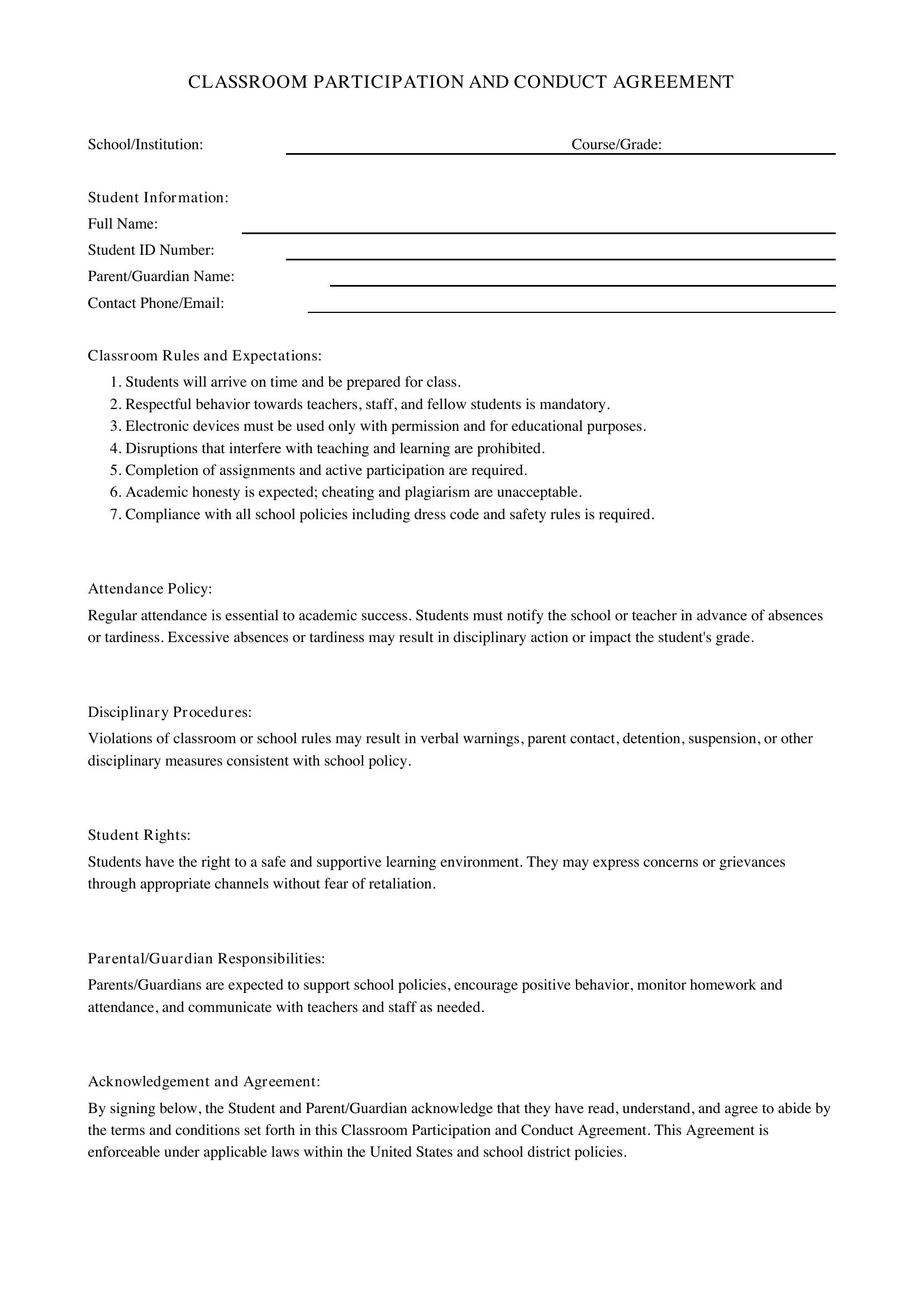 Classroom Contract Template - US