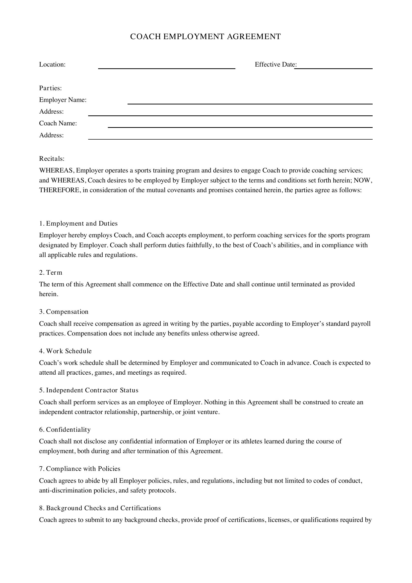 Coaches Contract Template - US