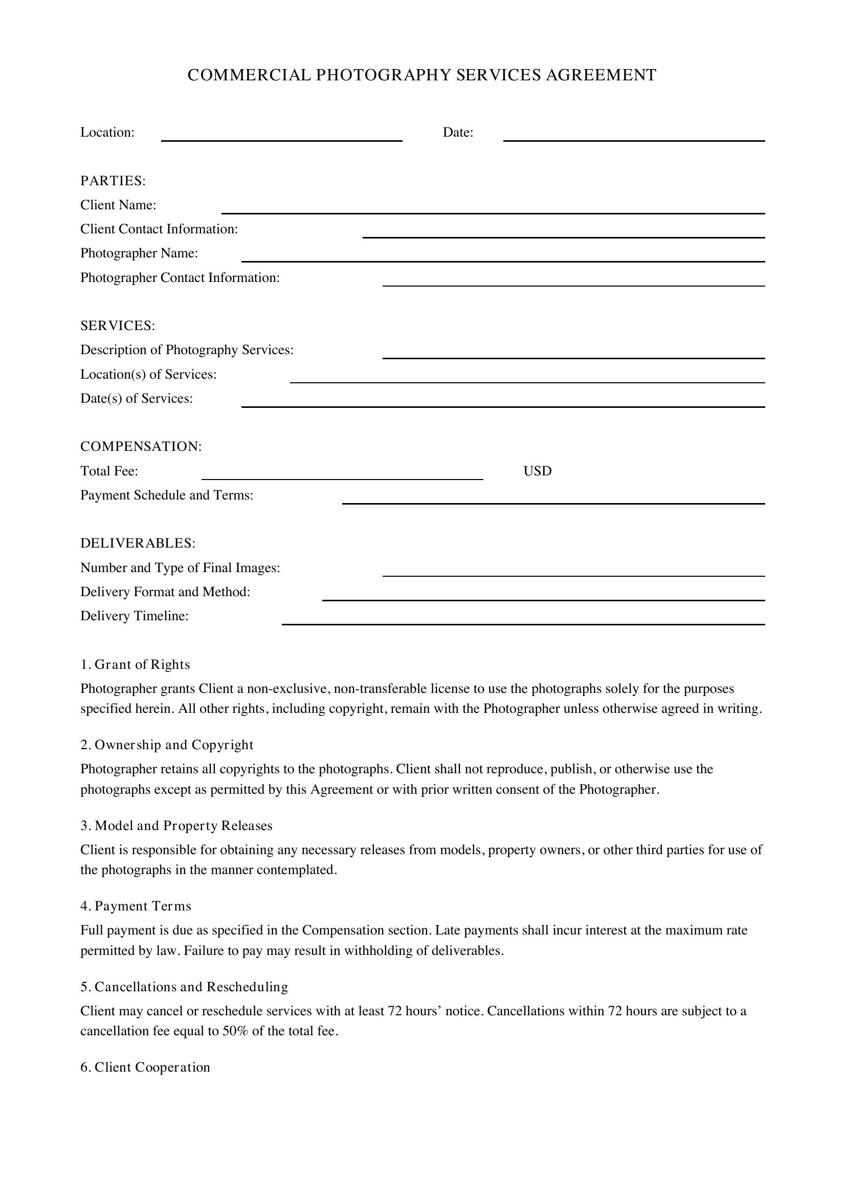 Commercial Photography Contract Template - US