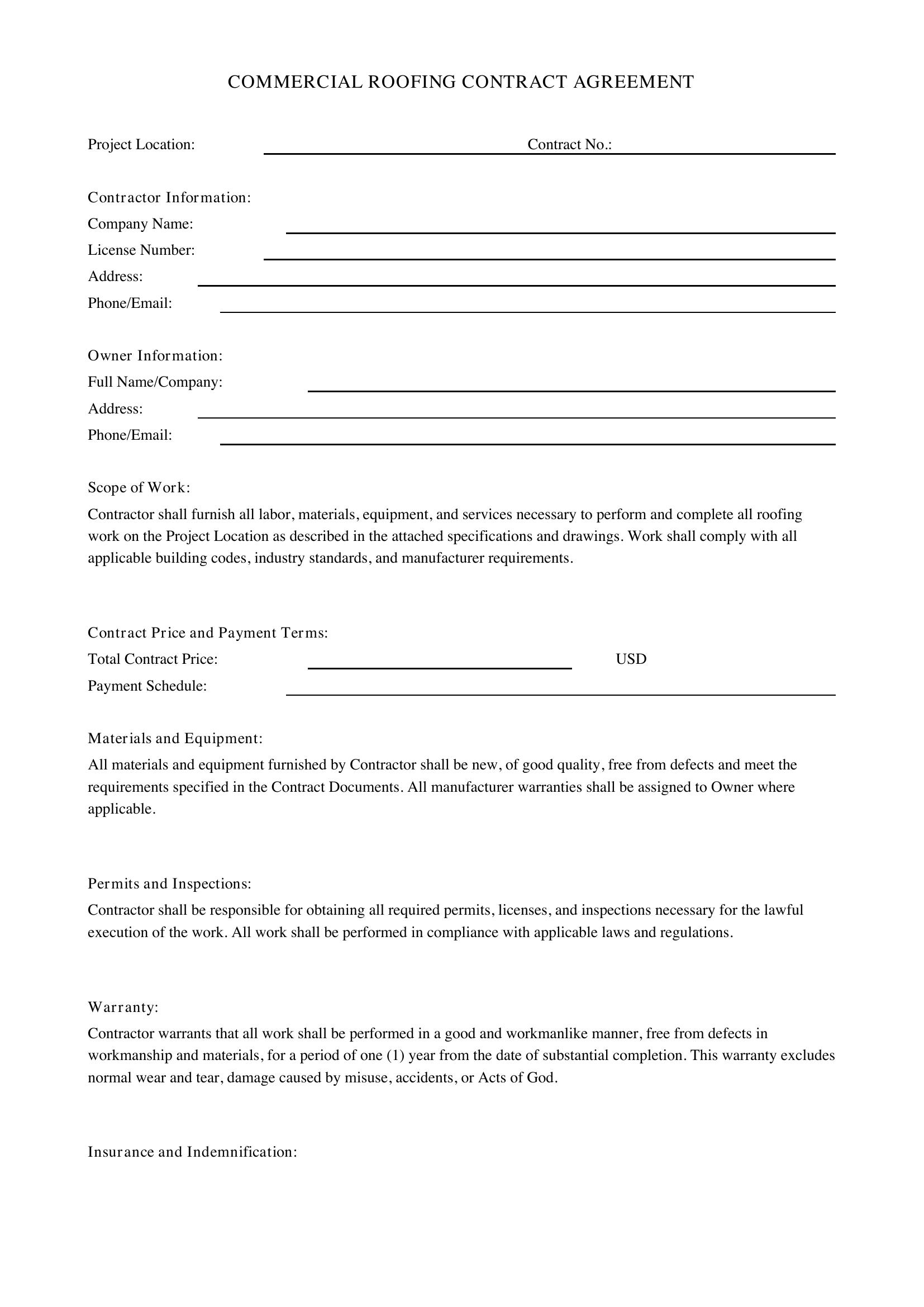Commercial Roofing Contract Template - US