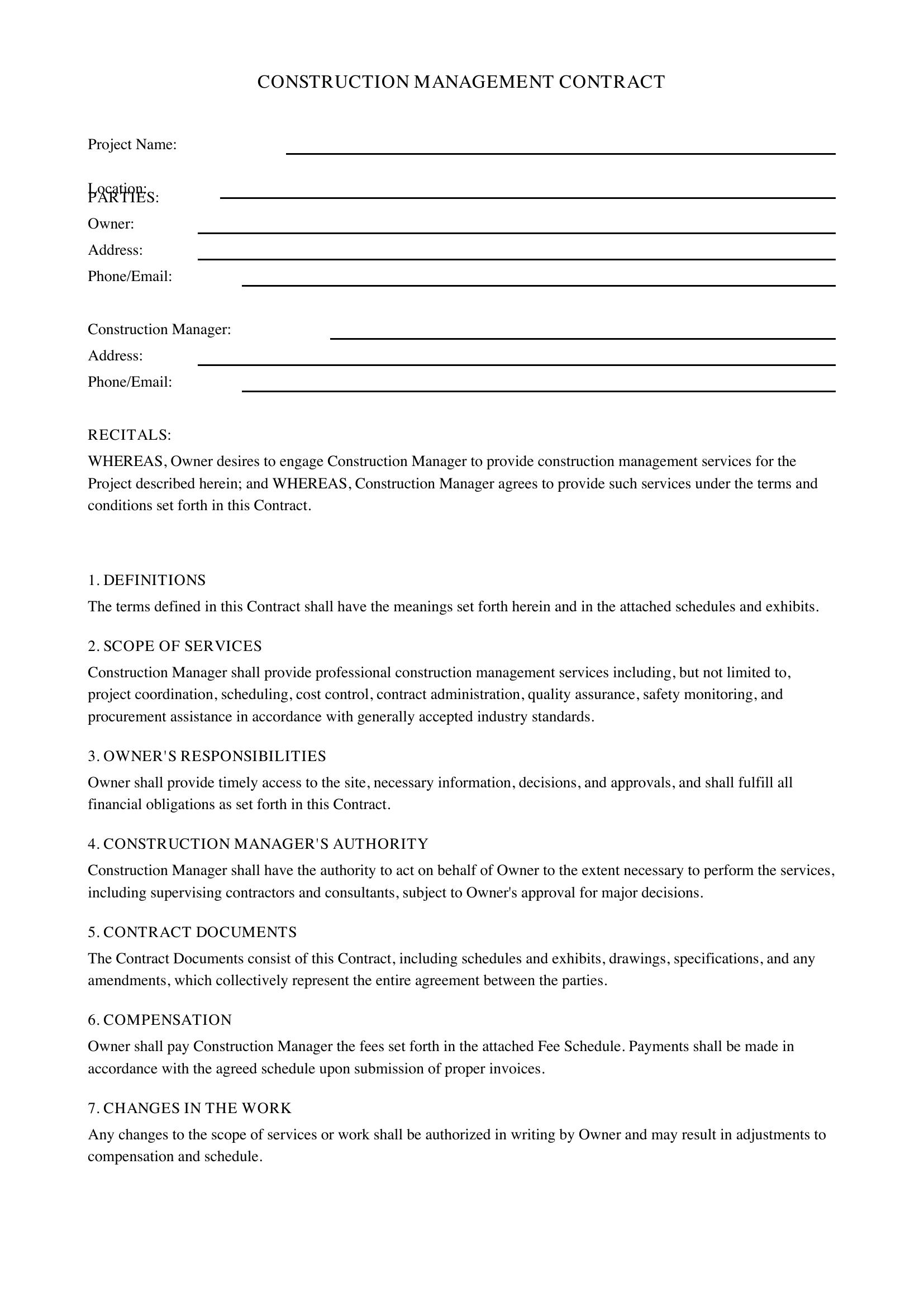 Construction Management Contract Template - US