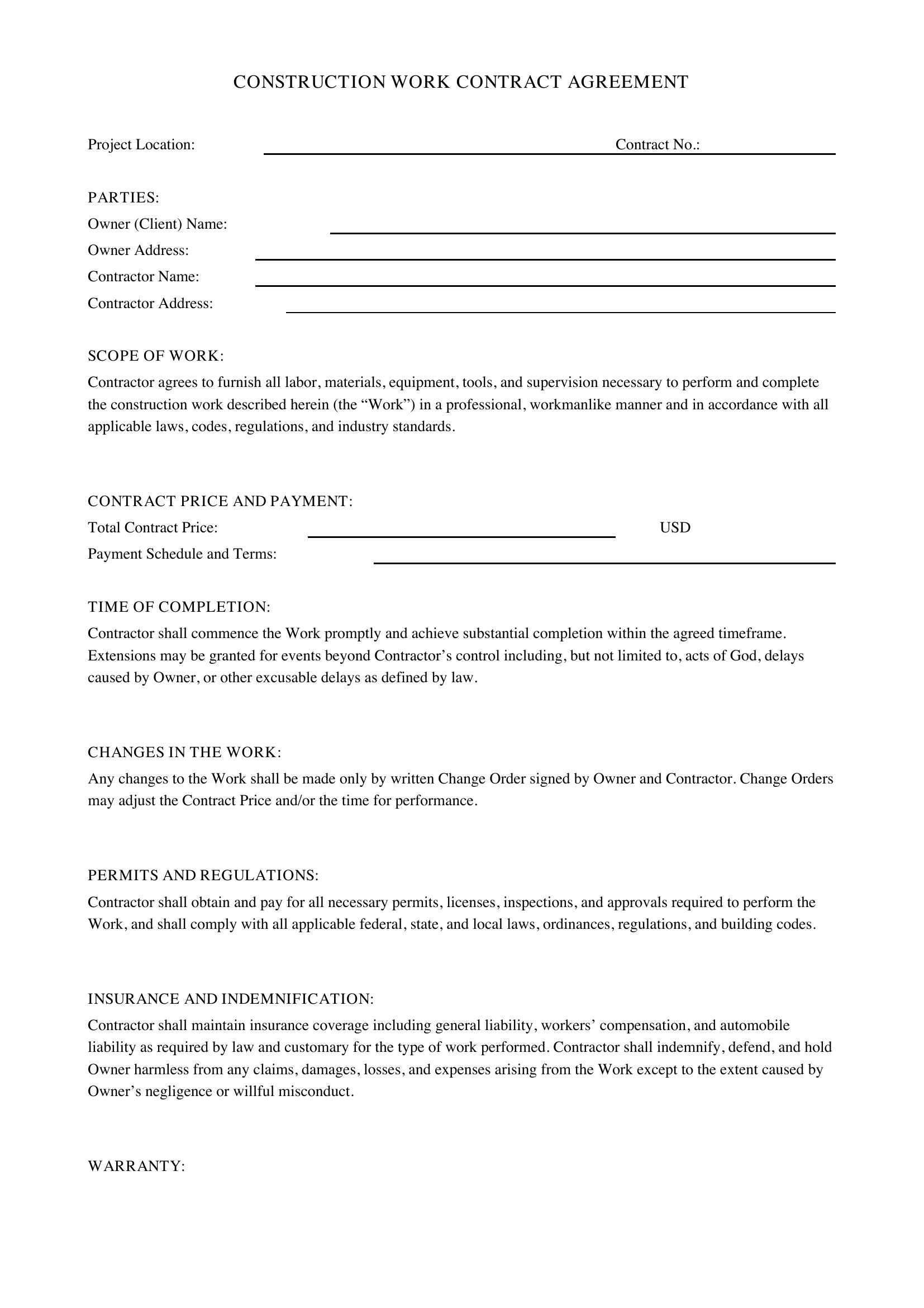 Construction Work Contract Template - US