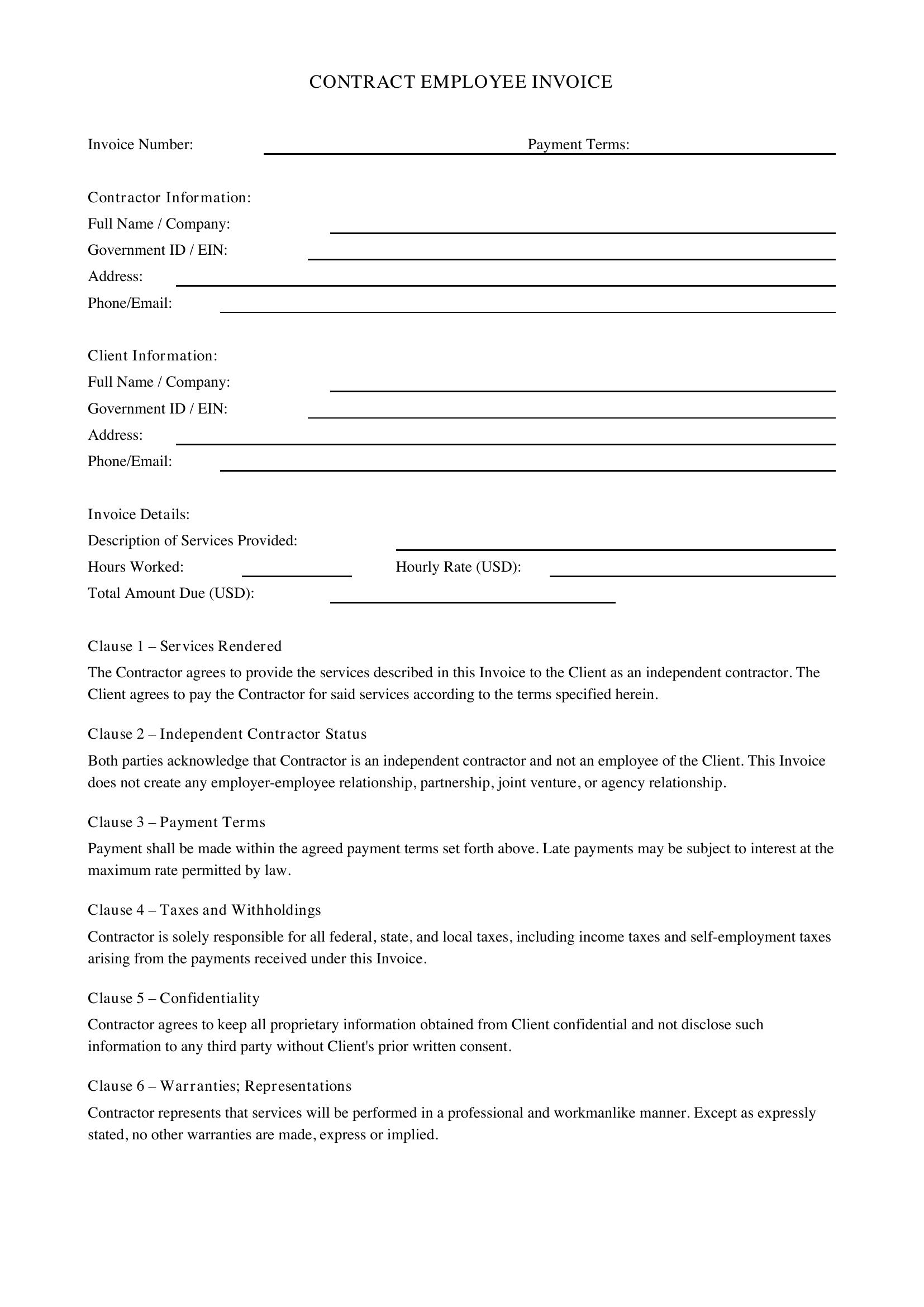Contract Employee Invoice Template - US
