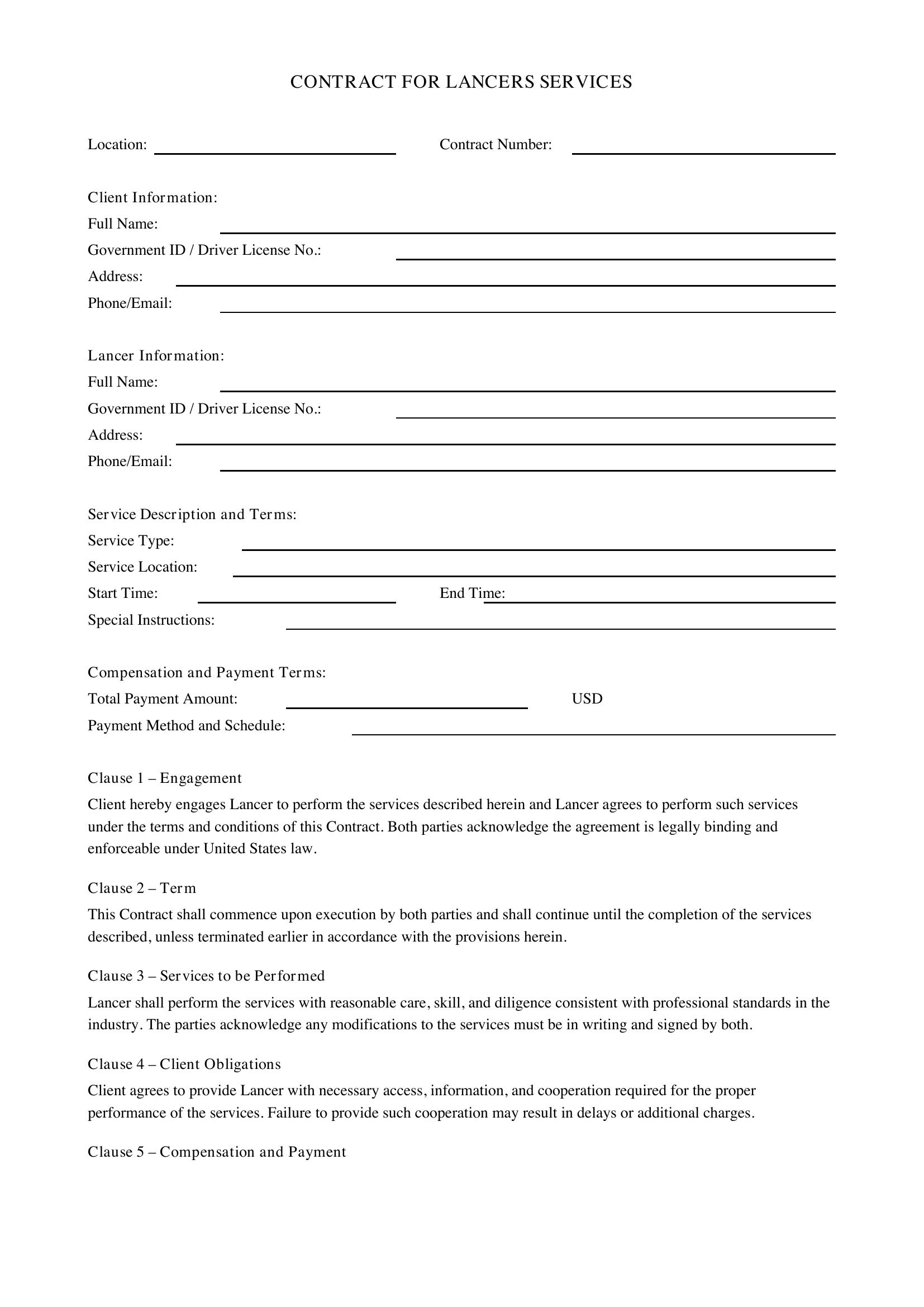 Contract For Lancers Template - US