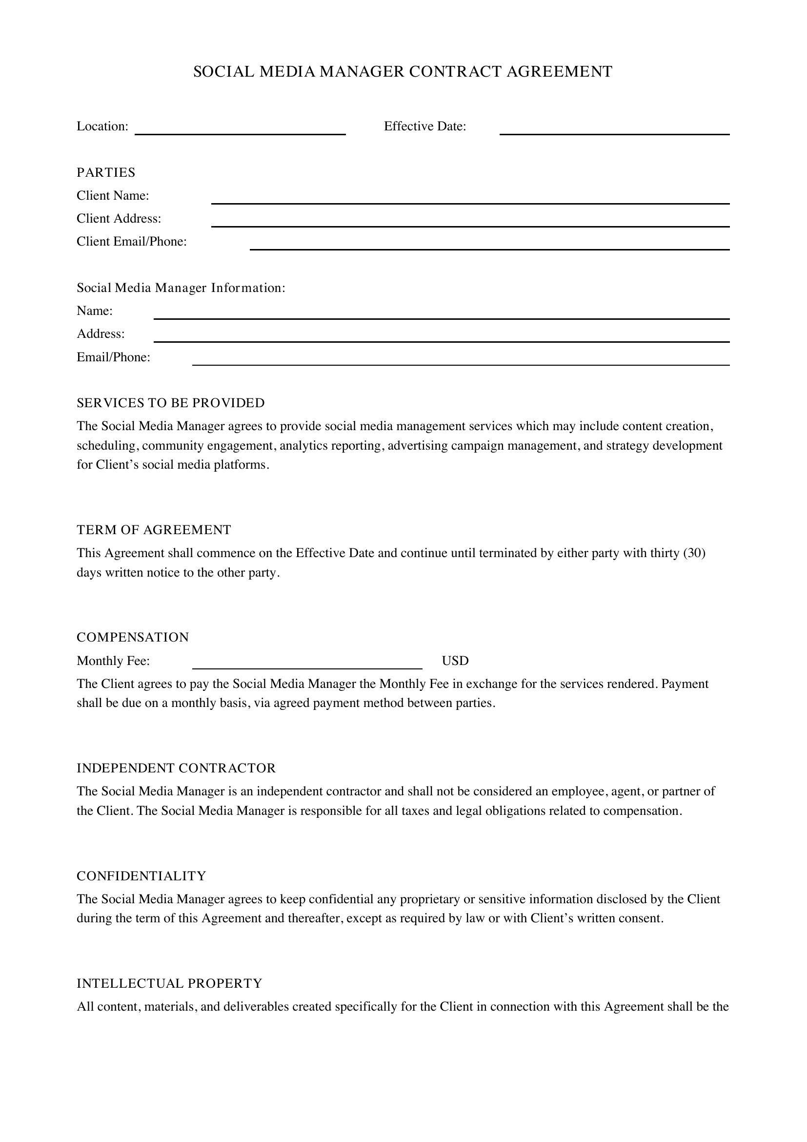 Contract For Social Media Manager Template - US