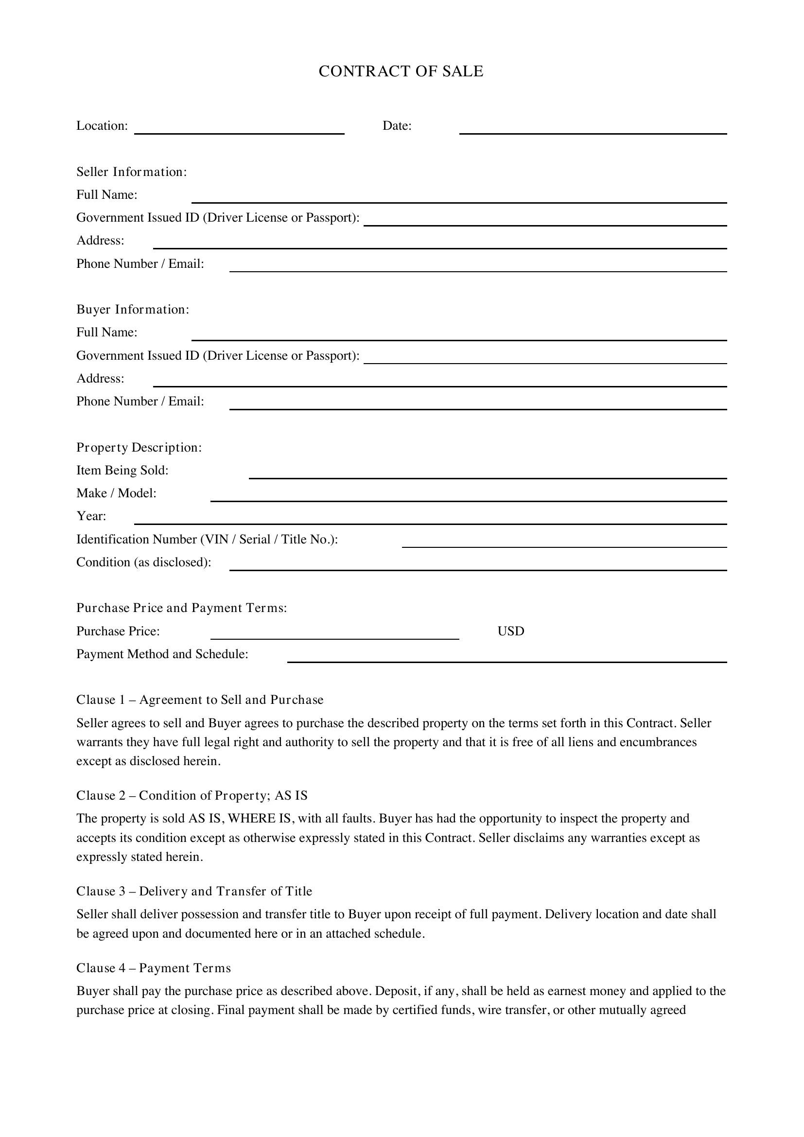 Contract Of Sale Template - US
