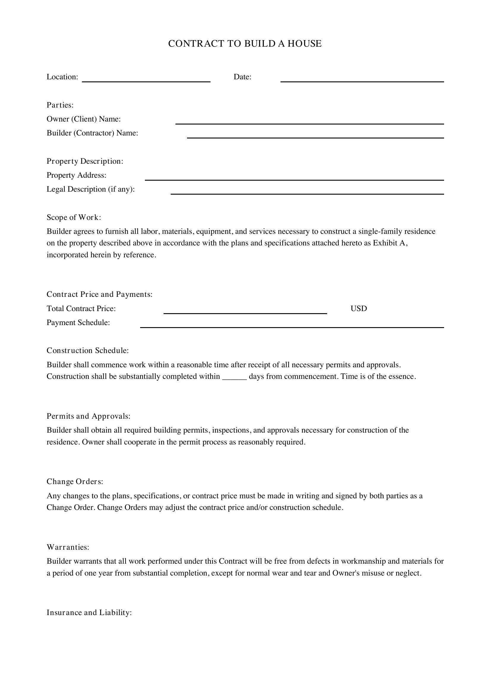 Contract To Build A House Template - US