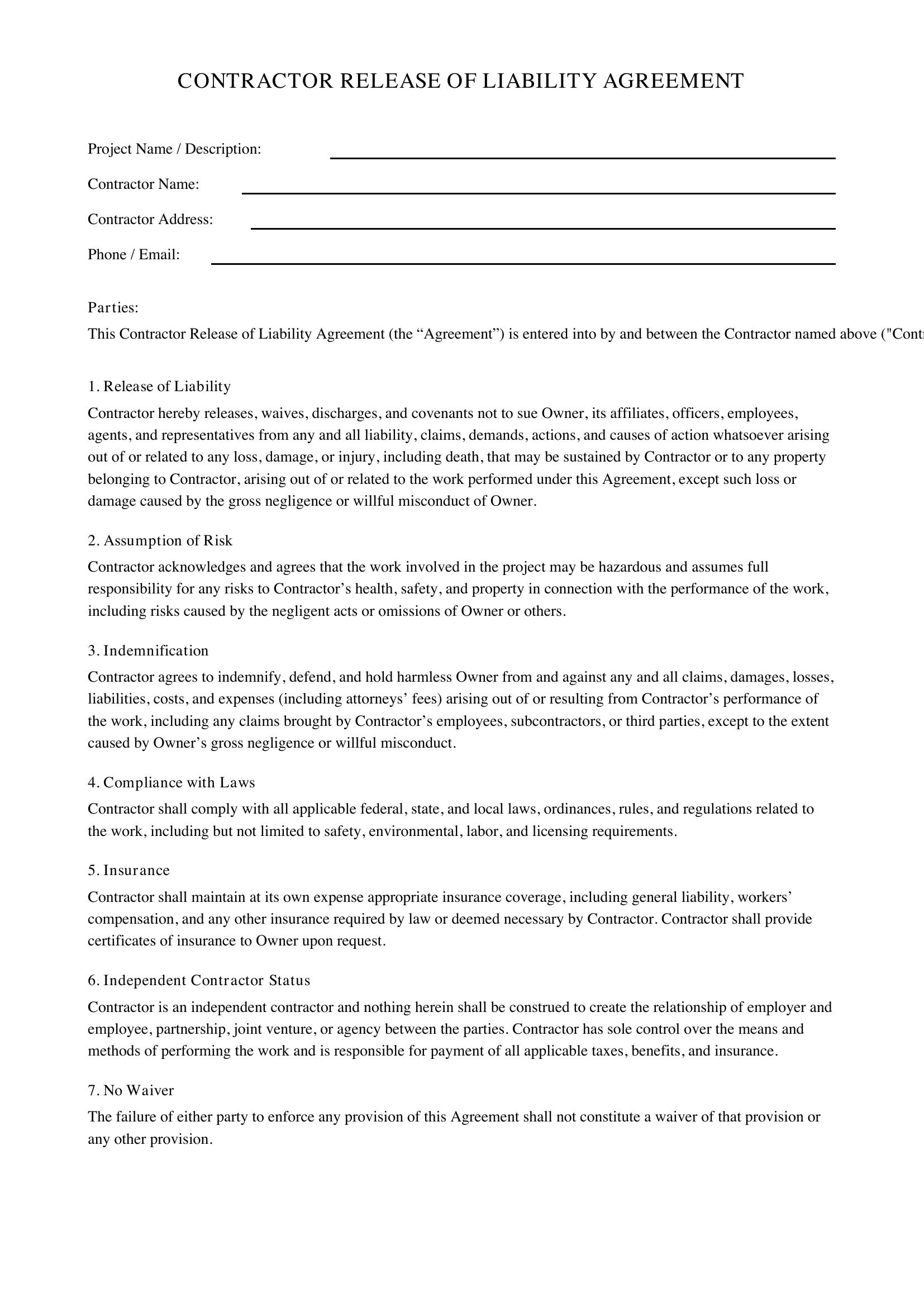 Contractor Release Of Liability Form Template - US