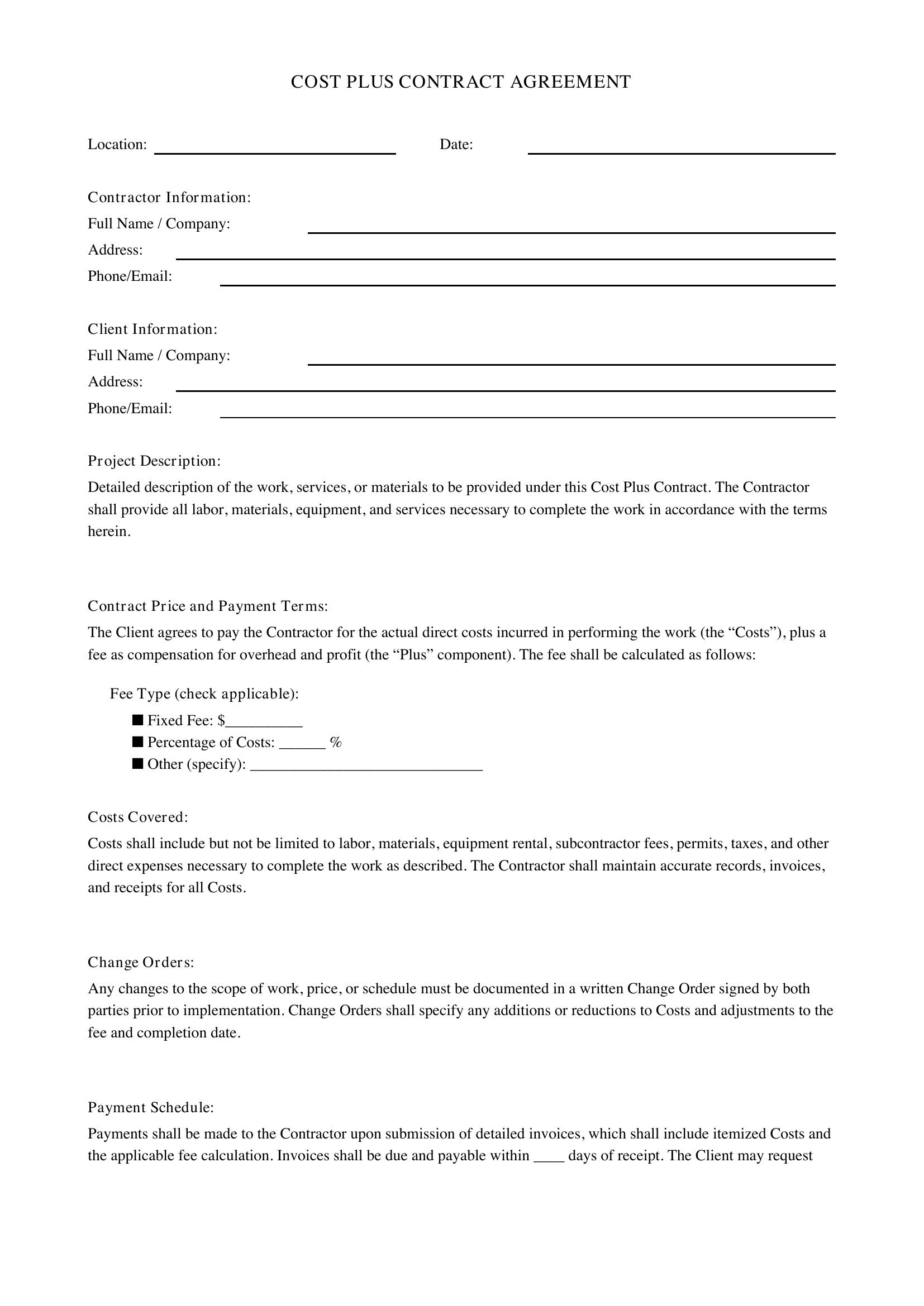 Cost Plus Contract Template - US