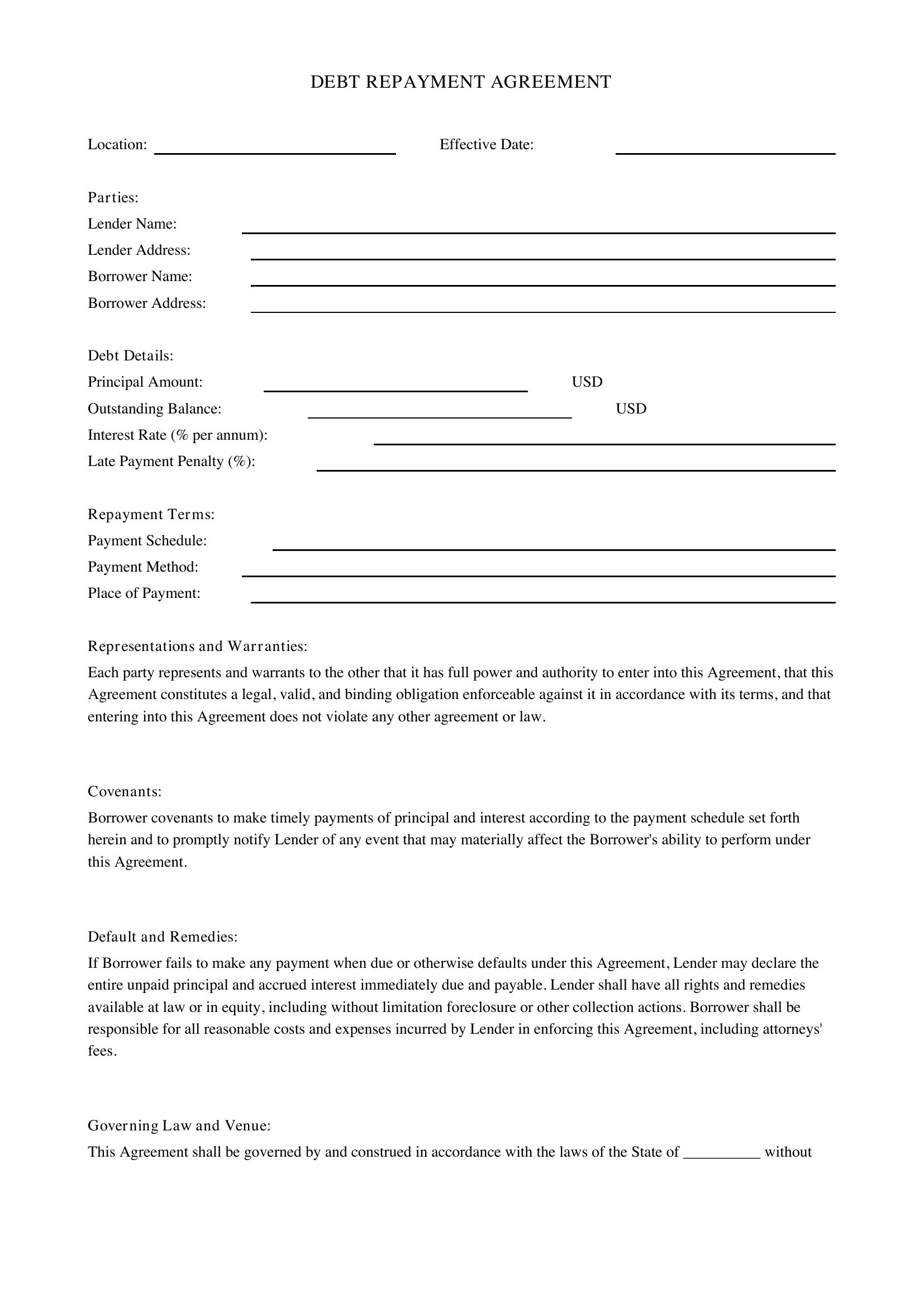 Debt Repayment Contract Template - US