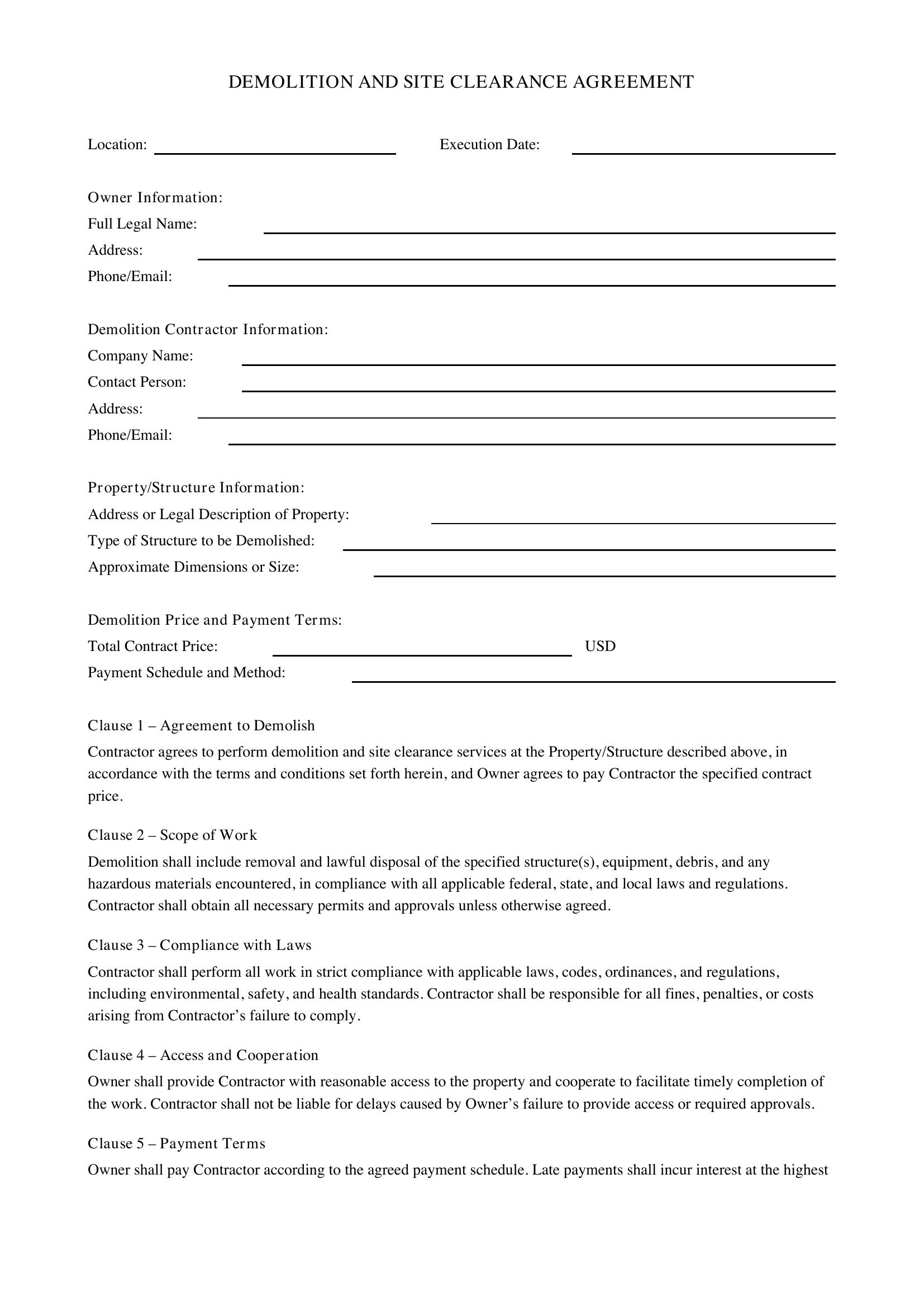 Demolition Contract Template - US