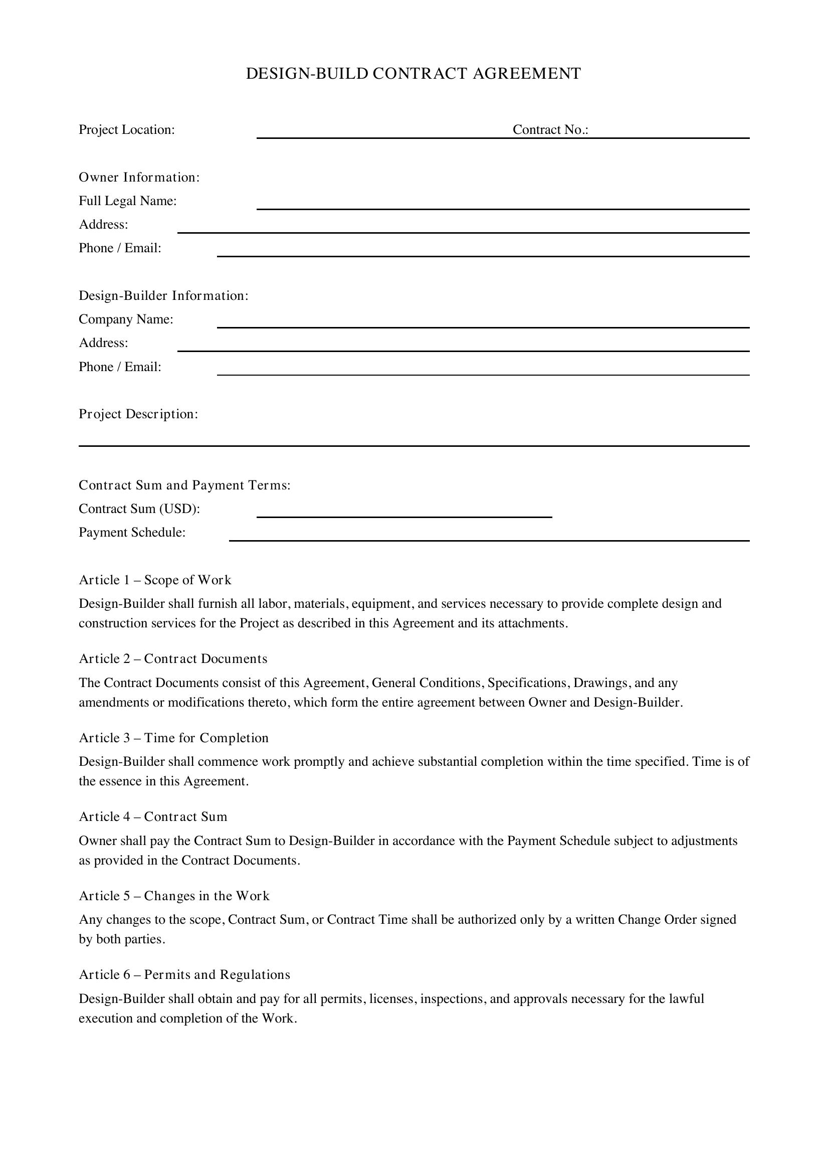 Design Build Contract Template - US