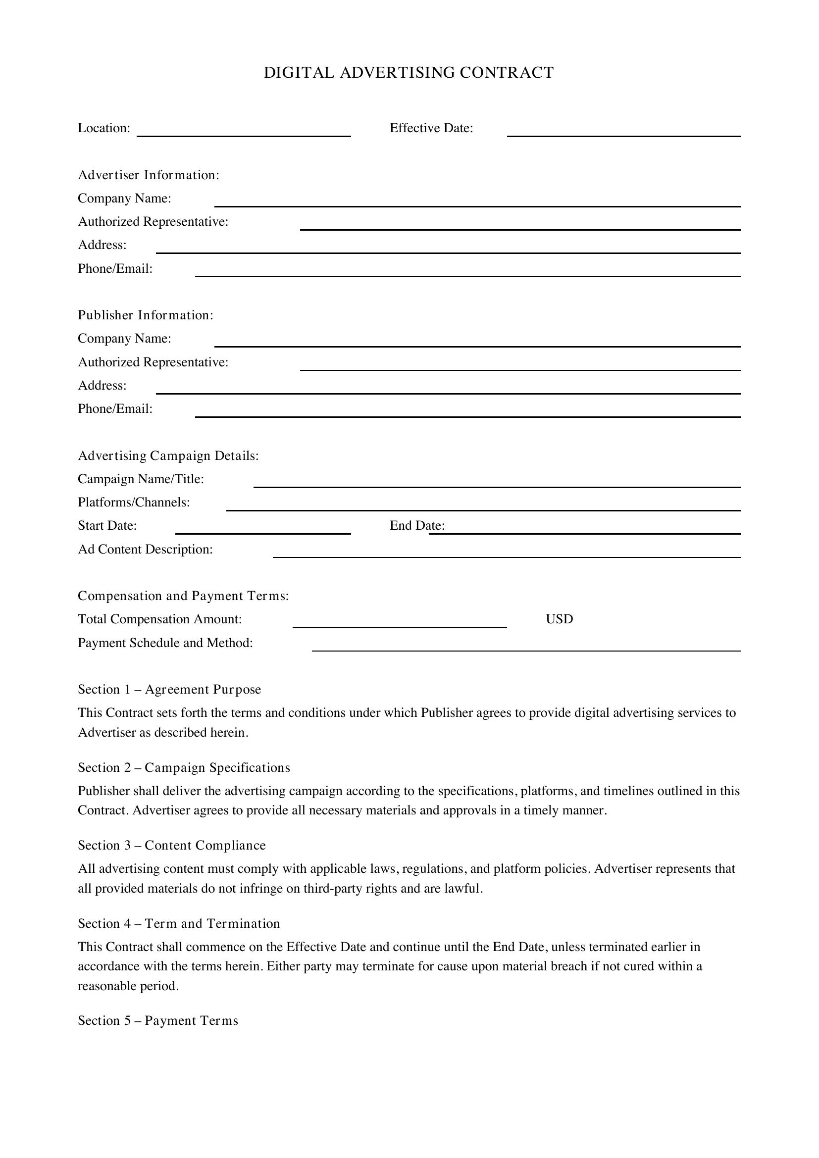 Digital Advertising Contract Template - US