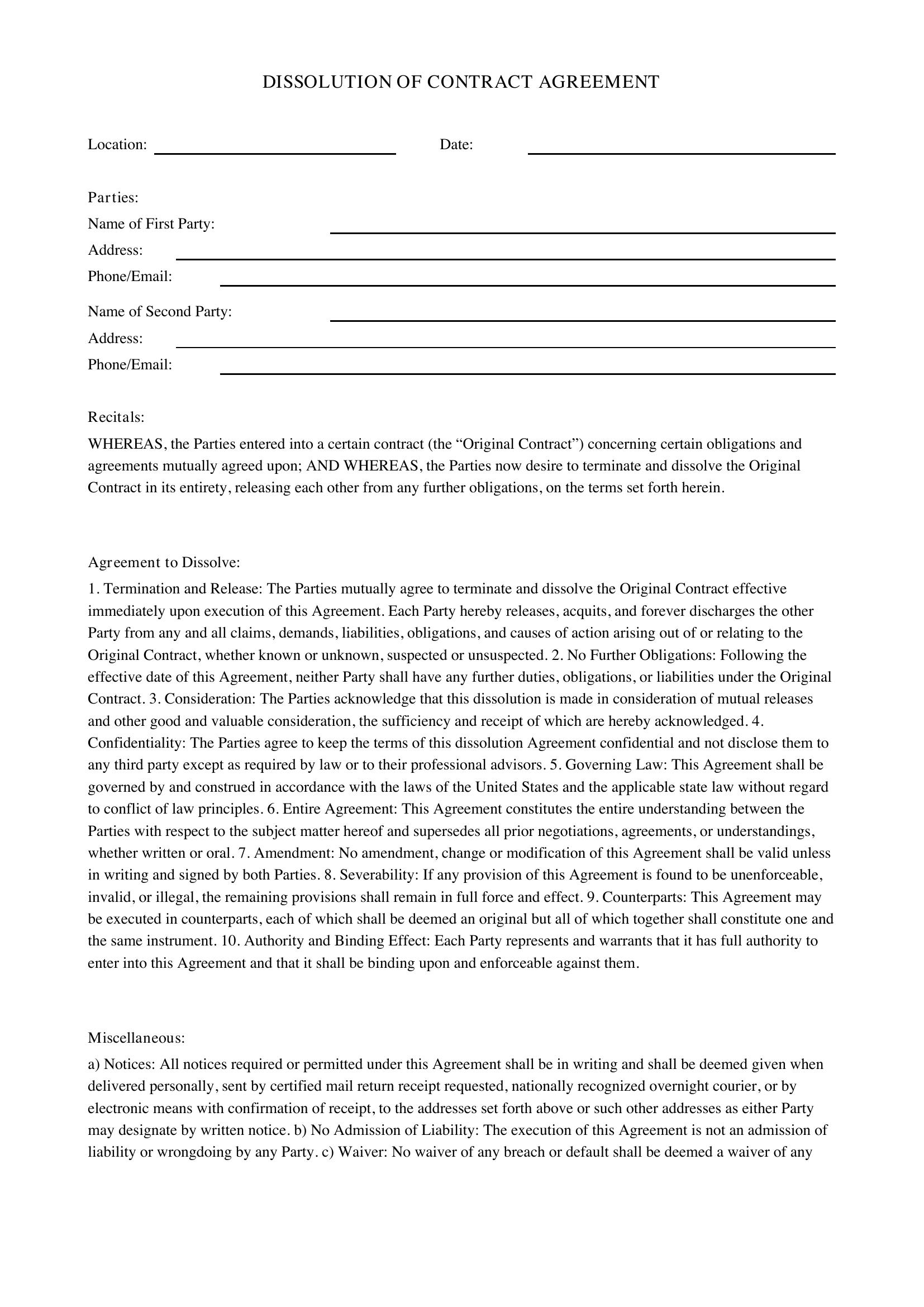 Dissolution Of Contract Template - US