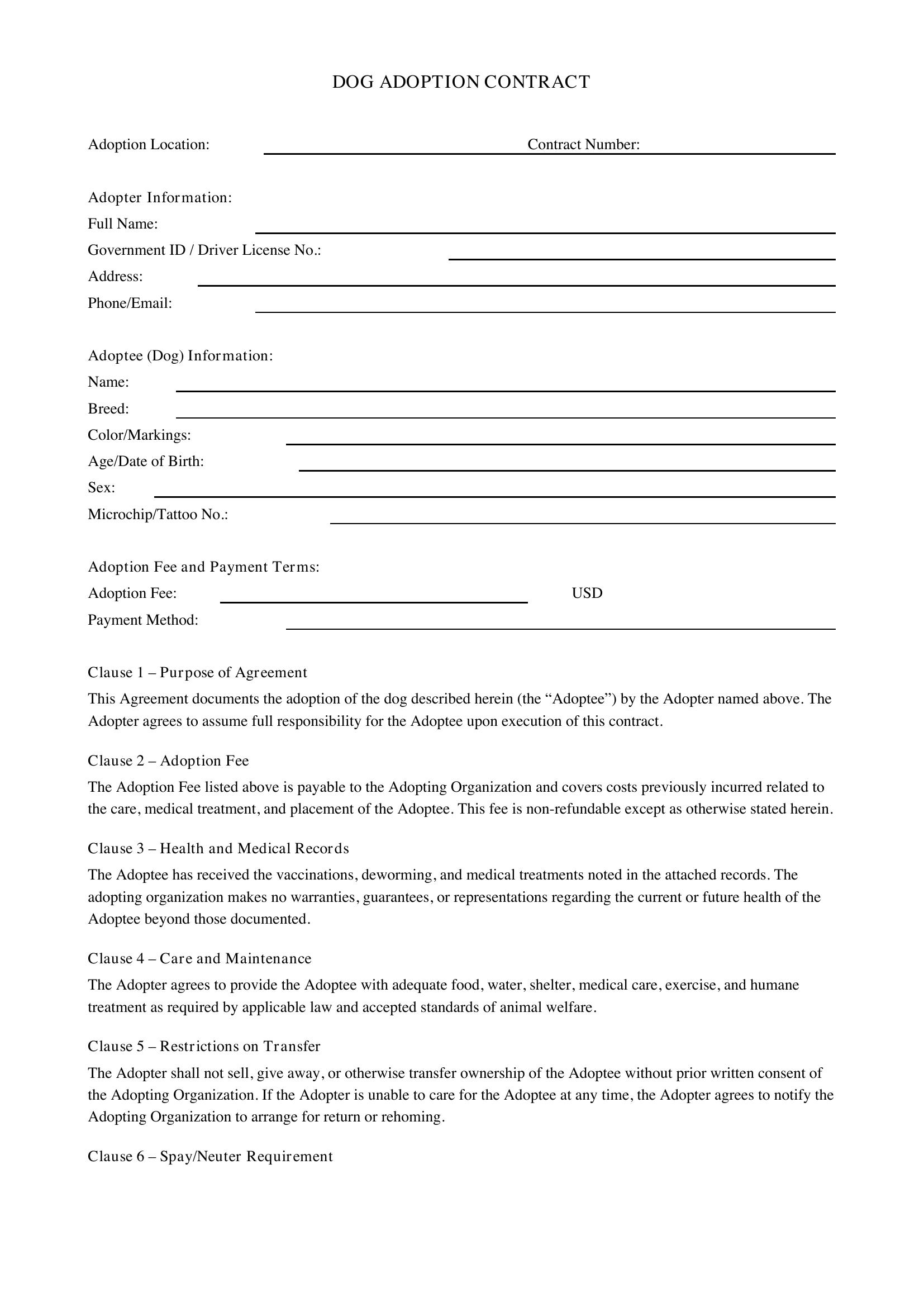 Dog Adoption Contract Template - US