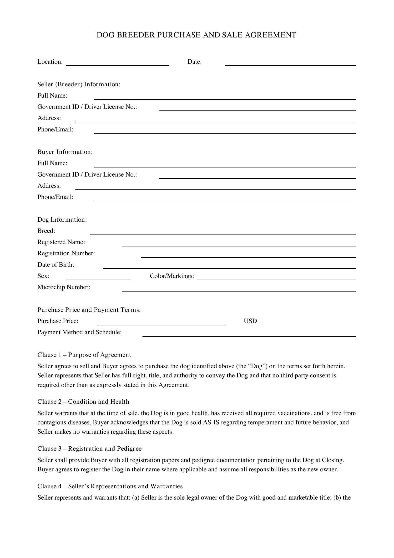 Dog Breeder Contract Template - US