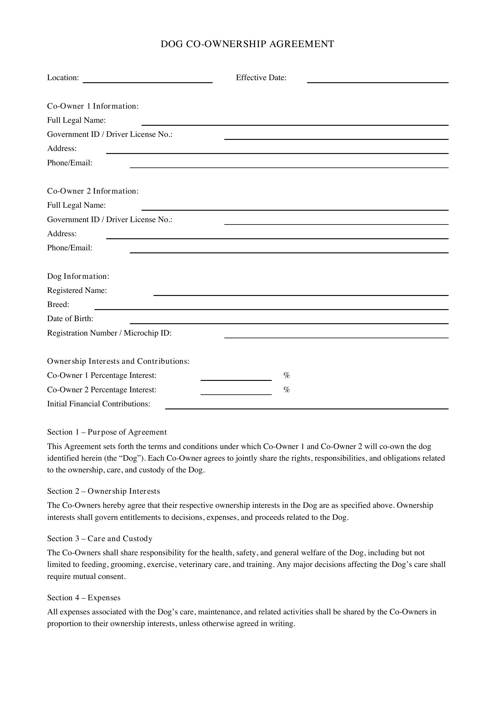 Dog Co Ownership Contract Template - US