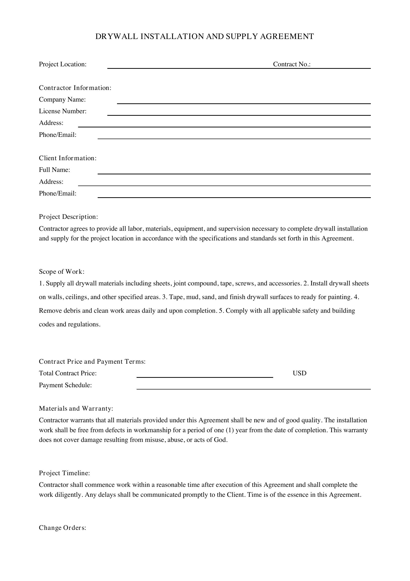 Drywall Contract Template - US