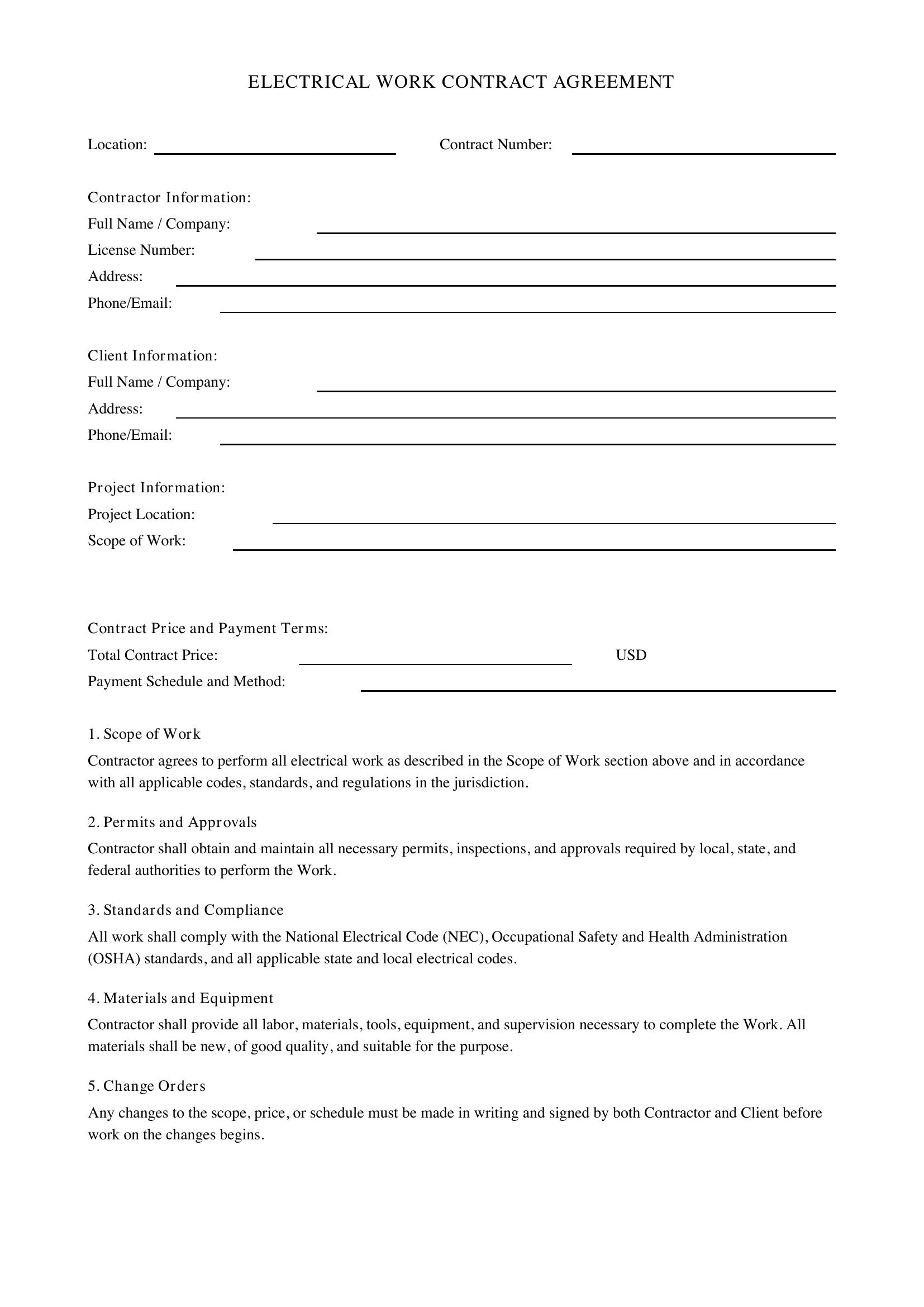 Electrical Work Contract Template - US