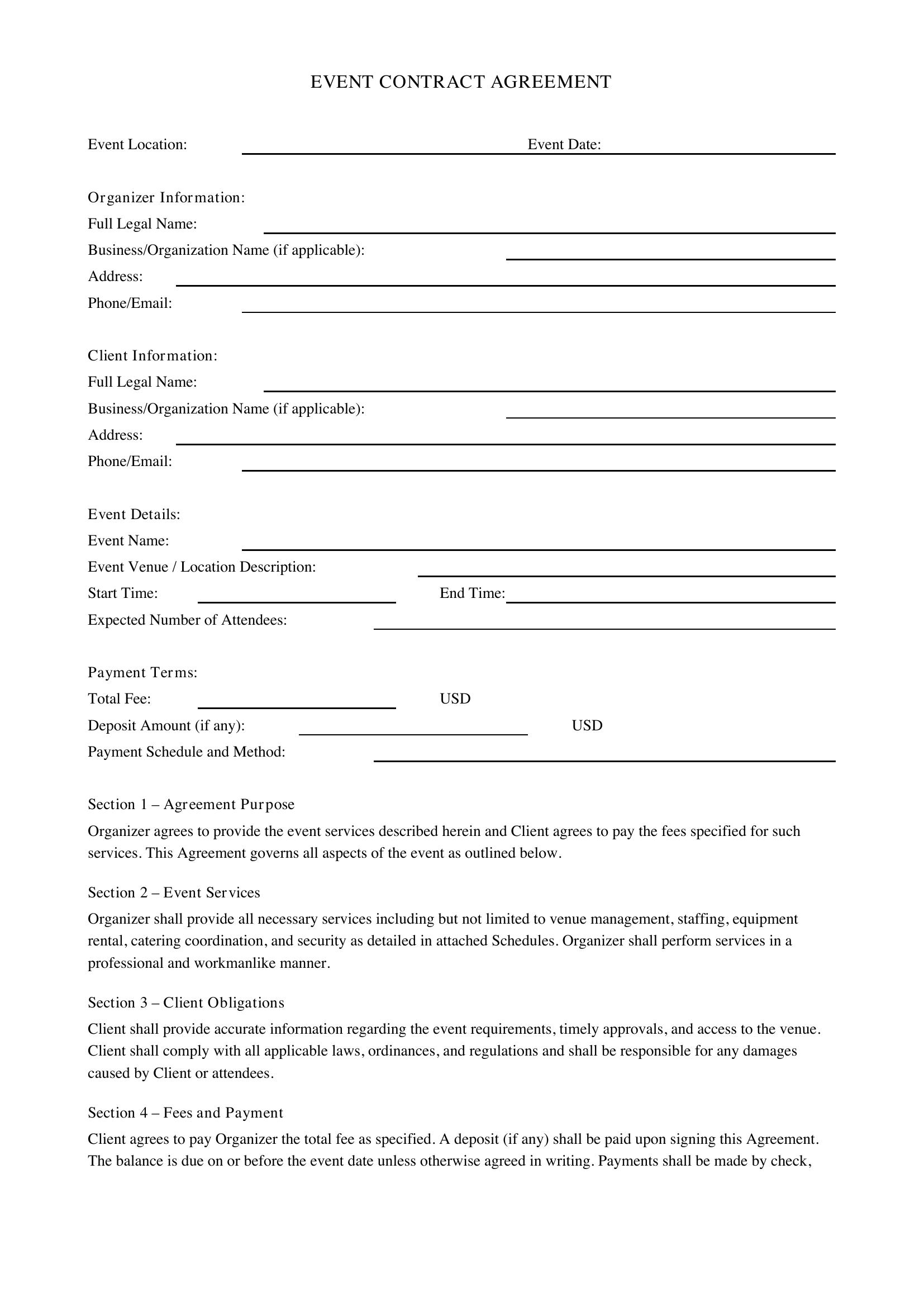 Event Contract Template - US