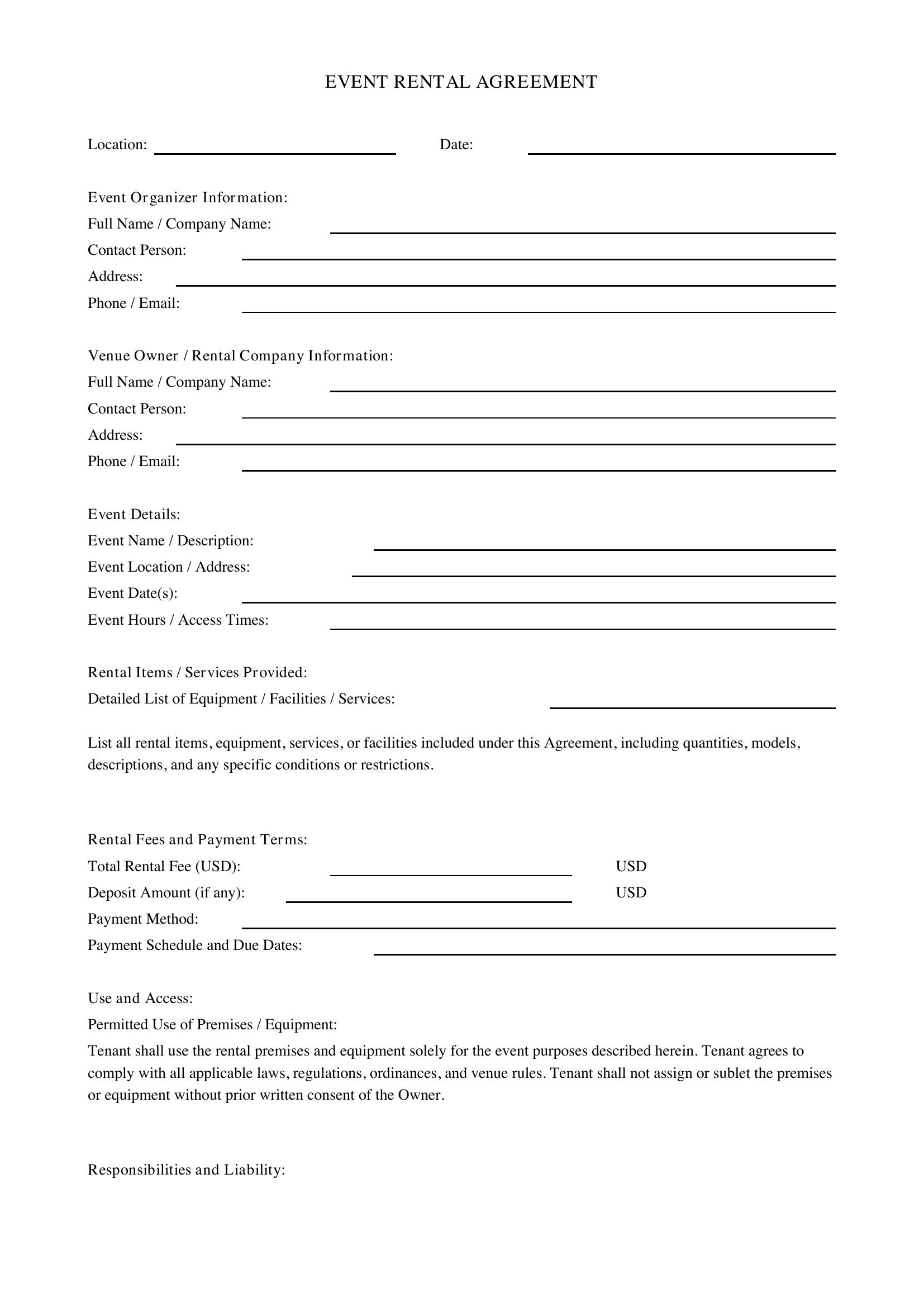 Event Rental Contract Template - US