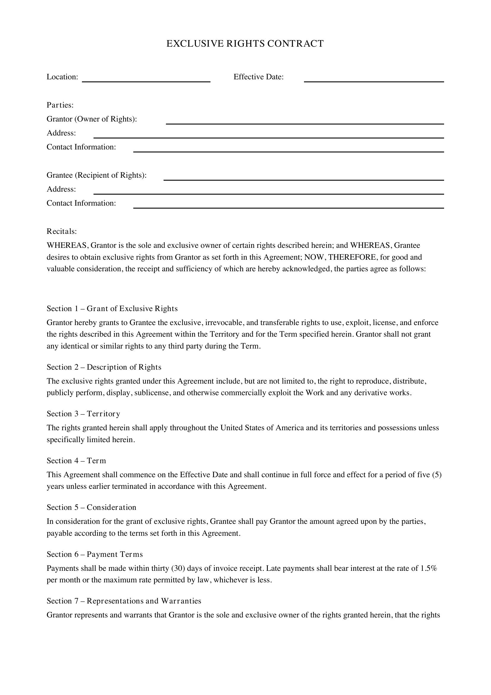 Exclusive Rights Contract Template - US