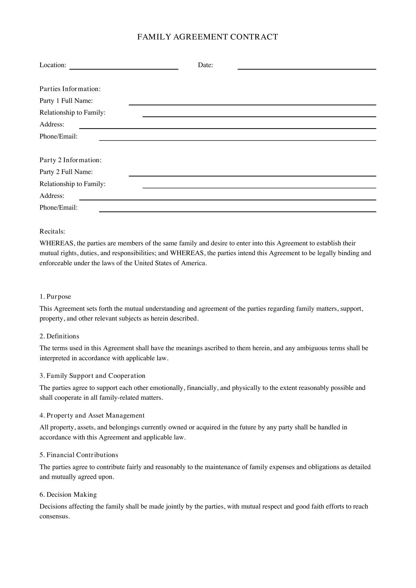 Family Contract Template - US