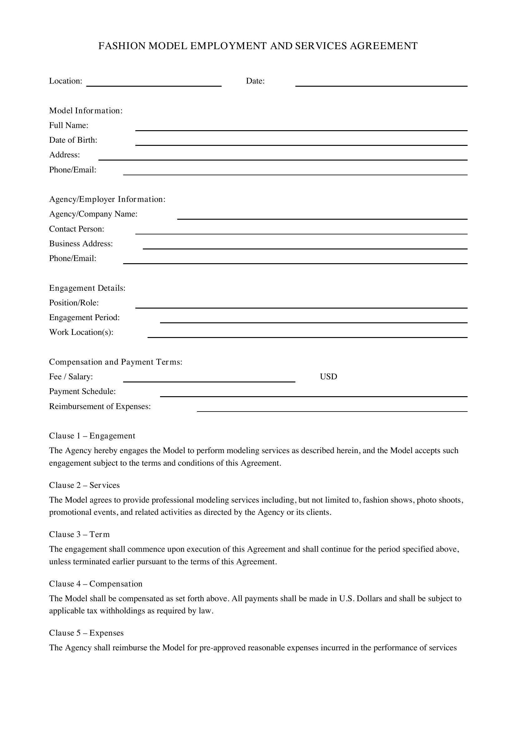 Fashion Model Contract Template - US